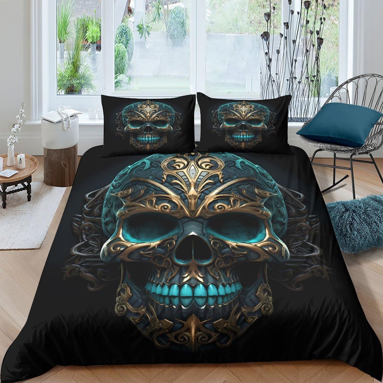 Ctjqhvkz Style-8 3D Printed Gothic Skull Fitted Sheet Microfiber Soft Breathable Blue Gold Skeleton Bed Cover For Bedroom Guest Room Decor Single（135X200cm）