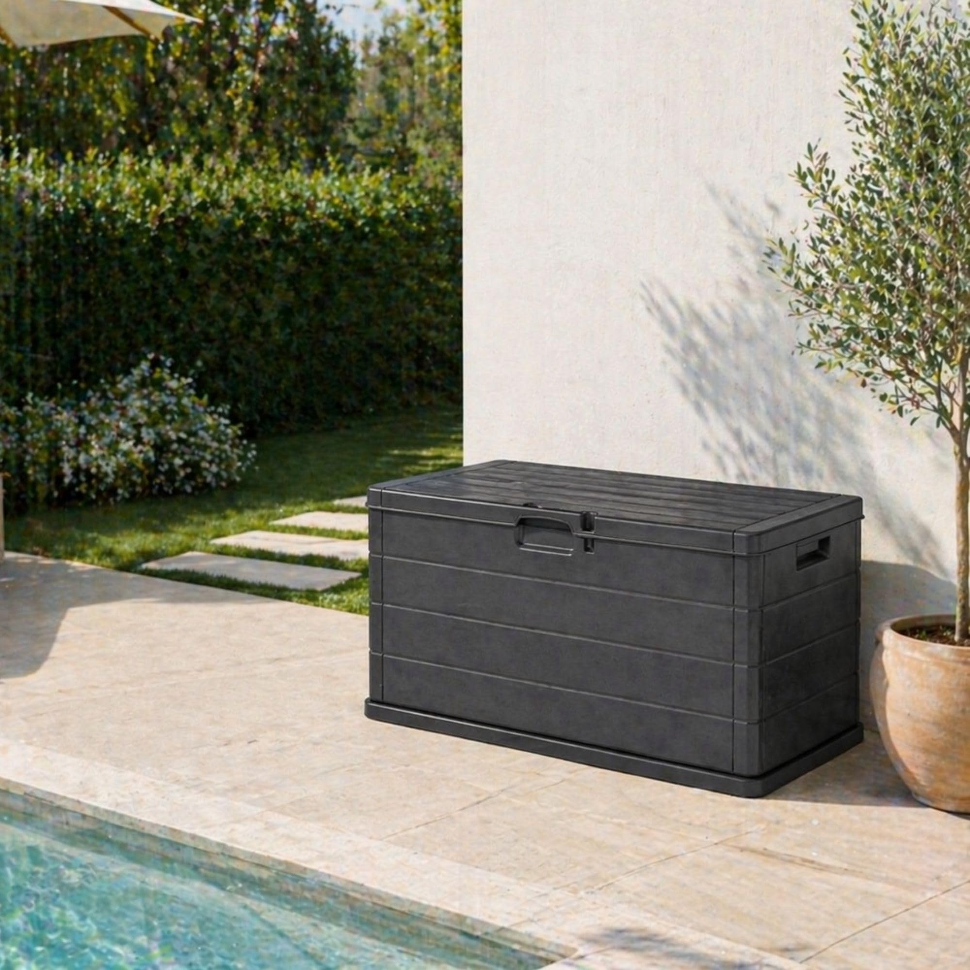 Kissenbox wetterfest 340L – Auflagenbox Gartenbox aus Kunststoff, abschließbar, UV-beständig, wetterfest, in Kunststoff in Holzoptik, mit Rollen, für Balkon, Terrasse, Garten