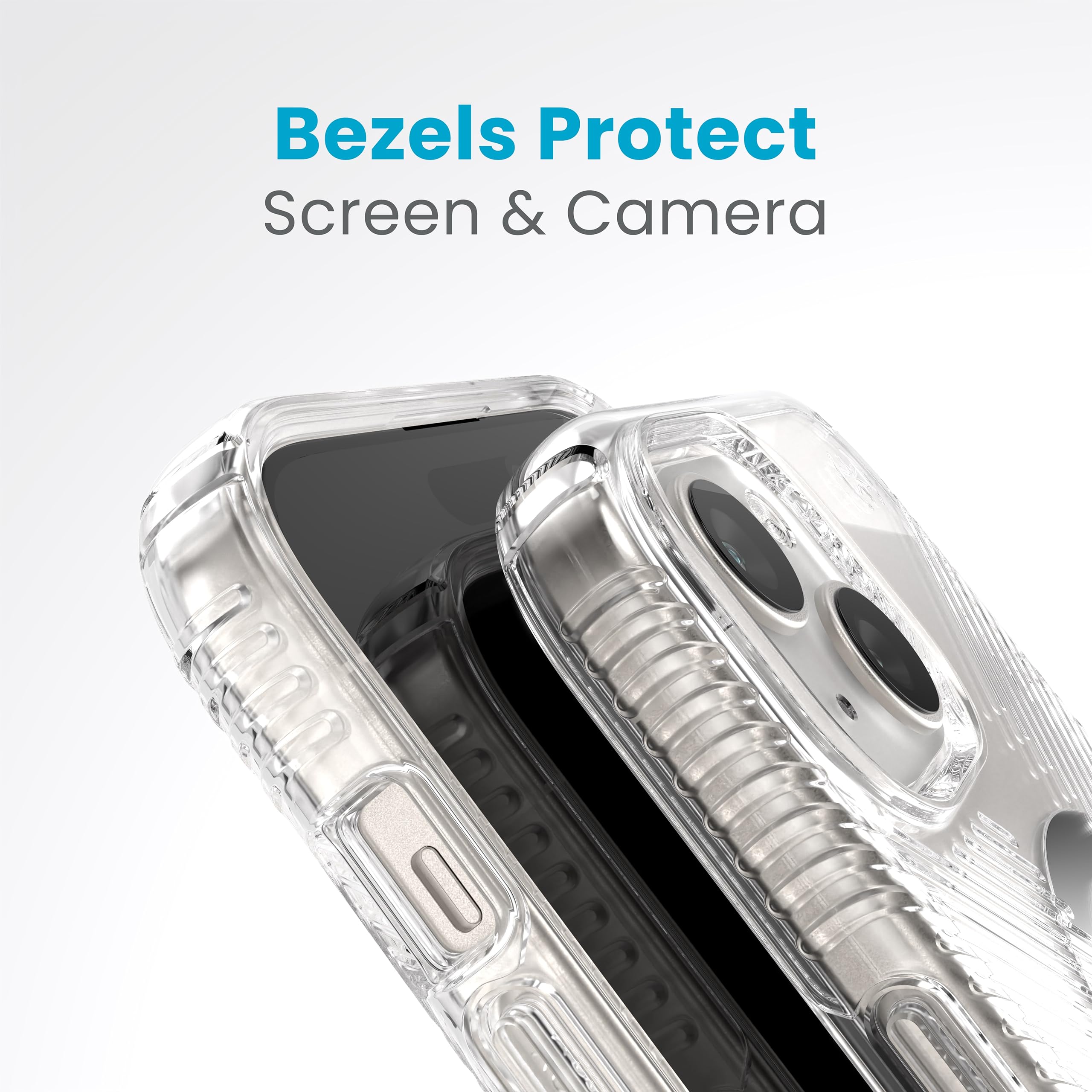 Speck Klare iPhone 15 Hülle – ClickLock rutschfeste Interlock, gebaut für MagSafe, Fallschutzgriff – für iPhone 15, iPhone 14, iPhone 13 – Anti-Gelb 6,1 Zoll Handyhülle – Presidio Grip Clear/Chrom