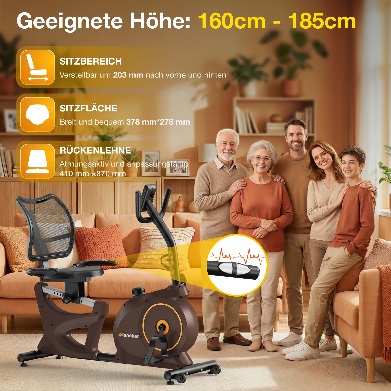 Ergometer Liege- Heimtrainer mit Magnetbremse, Pulssensoren und LCD-Display, 15 Widerstandsstufen, Sitzergometer mit Rückenlehne für Senioren Durable Build with Multiple Settings