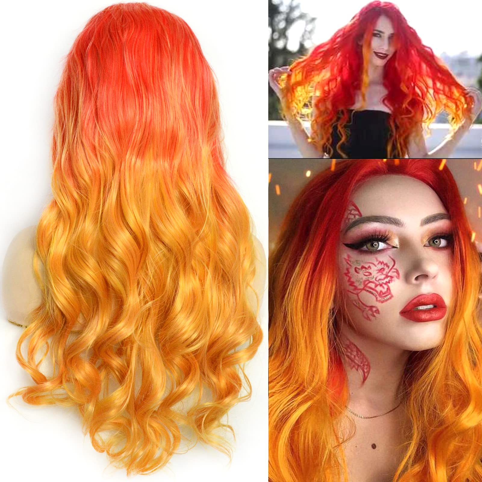 BLUPLE Red Lace Front Wigs Ombre Yellow 2 Tones Mixed Color Long Natural Wavy Half Hand Tied Synthetic Hair Replacement Wigs 24 Inch for Women Party Show