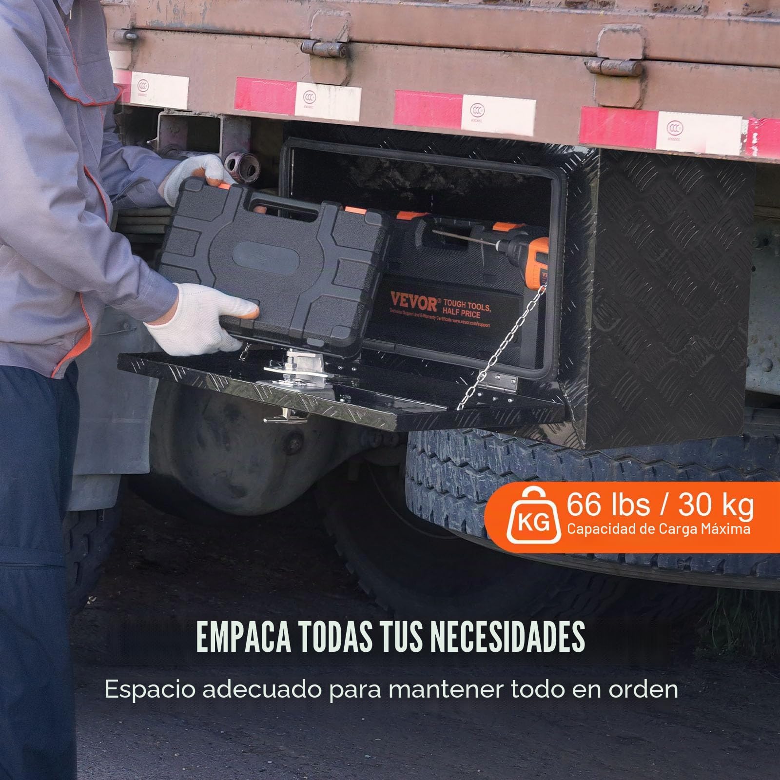 VEVOR Caja de Herramientas para Camión 612x310x360mm Caja de Bastidor Inferior Caja de Almacenamiento de Aleación de Aluminio Montaje Inferior con Cerradura y Llaves para Remolques, Camionetas, Negro