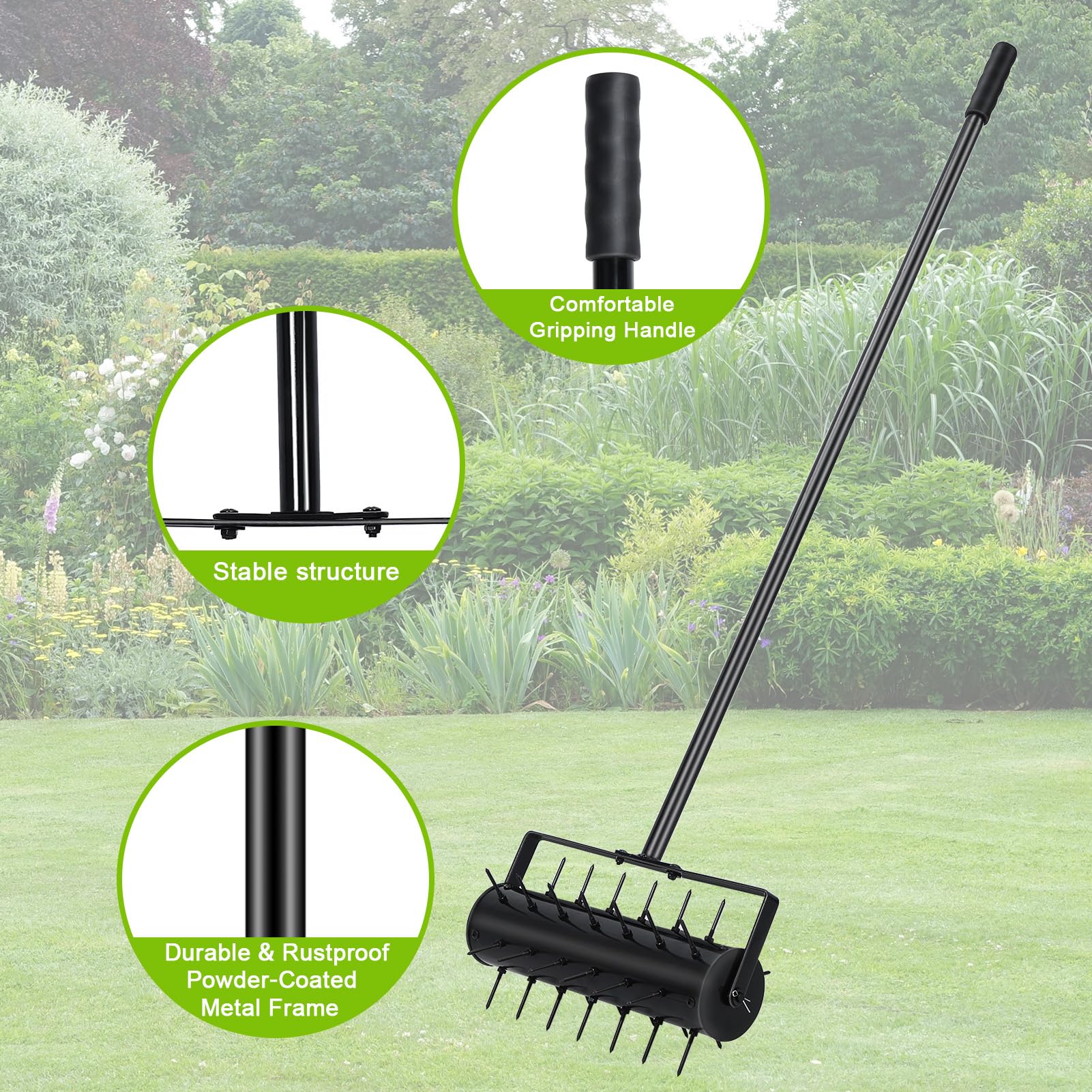 21 Inch Rolling Lawn Aerator - Fillable With Sand/Rocks, Manual Push Aerator With Spikes, Heavy-Duty For Yard & Garden
