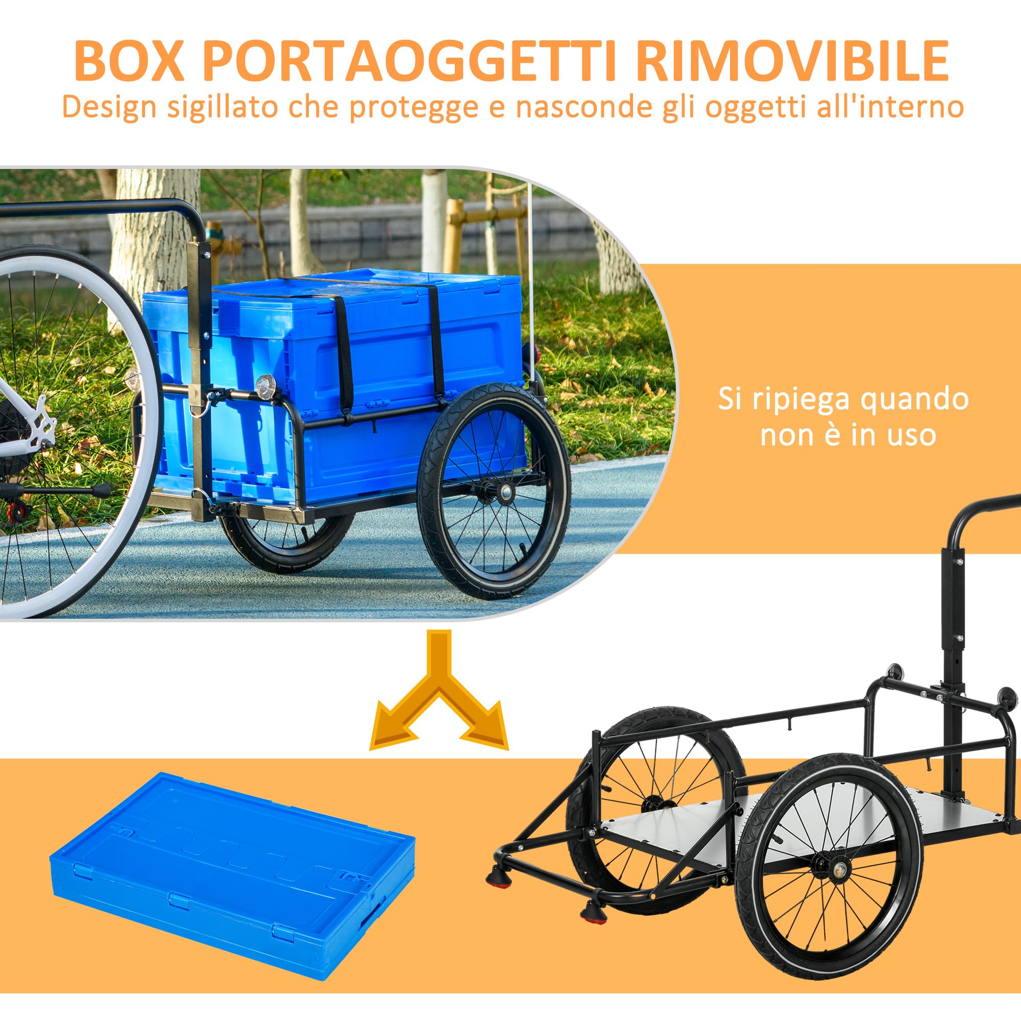 HOMCOM Rimorchio Bici ad Altezza Regolabile con Box Portaoggetti da 65L in Plastica, Bandiera, Catarifrangenti e Strisce Riflettenti, Rimorchio per Bici in Acciaio, 145x61x76/81 cm, Blu