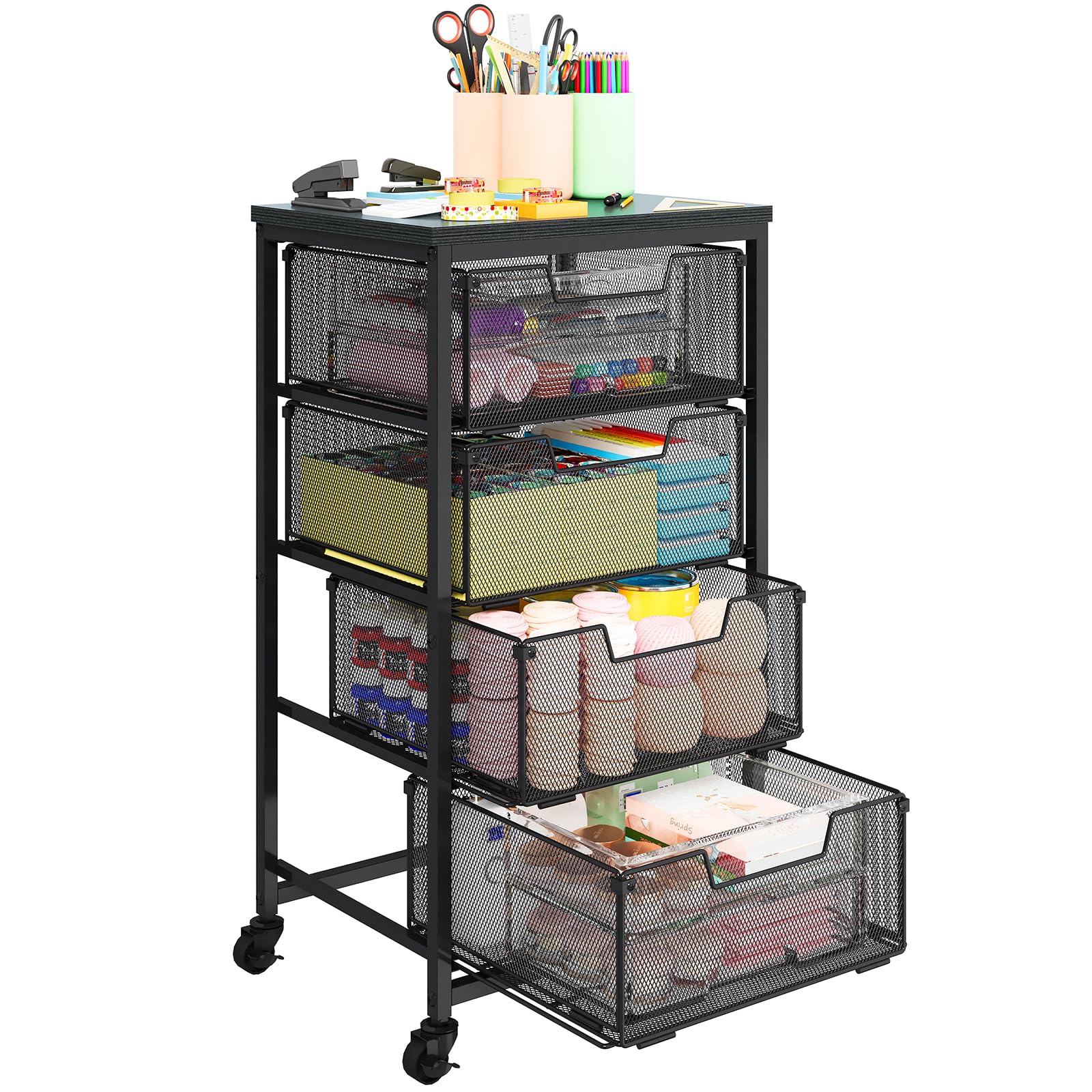 Metal Art and Craft Storage Organization Cart 4-Drawers Utility Rolling Carts With Lockable Wheels&Wooden Tabletop Art-Craft Supplies For Classroom,Office,Make-up,Kitchen,Bedroom,14"L x 11"W x 27.55"H