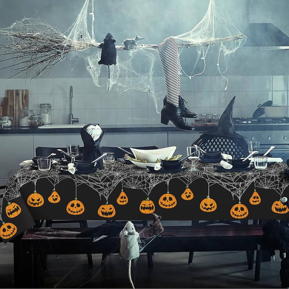 Ethyie Halloween Tablecloth, Spider Web And Pumpkin Table Cloth, Bat