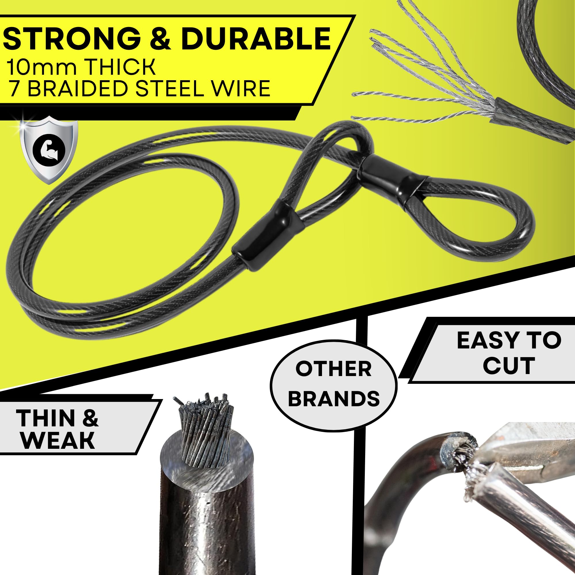 JIMJOOS 1.25m Security Cable Bike Lock, 10mm Thick Stainless Steel Bicycle Lock Extender - Image 4