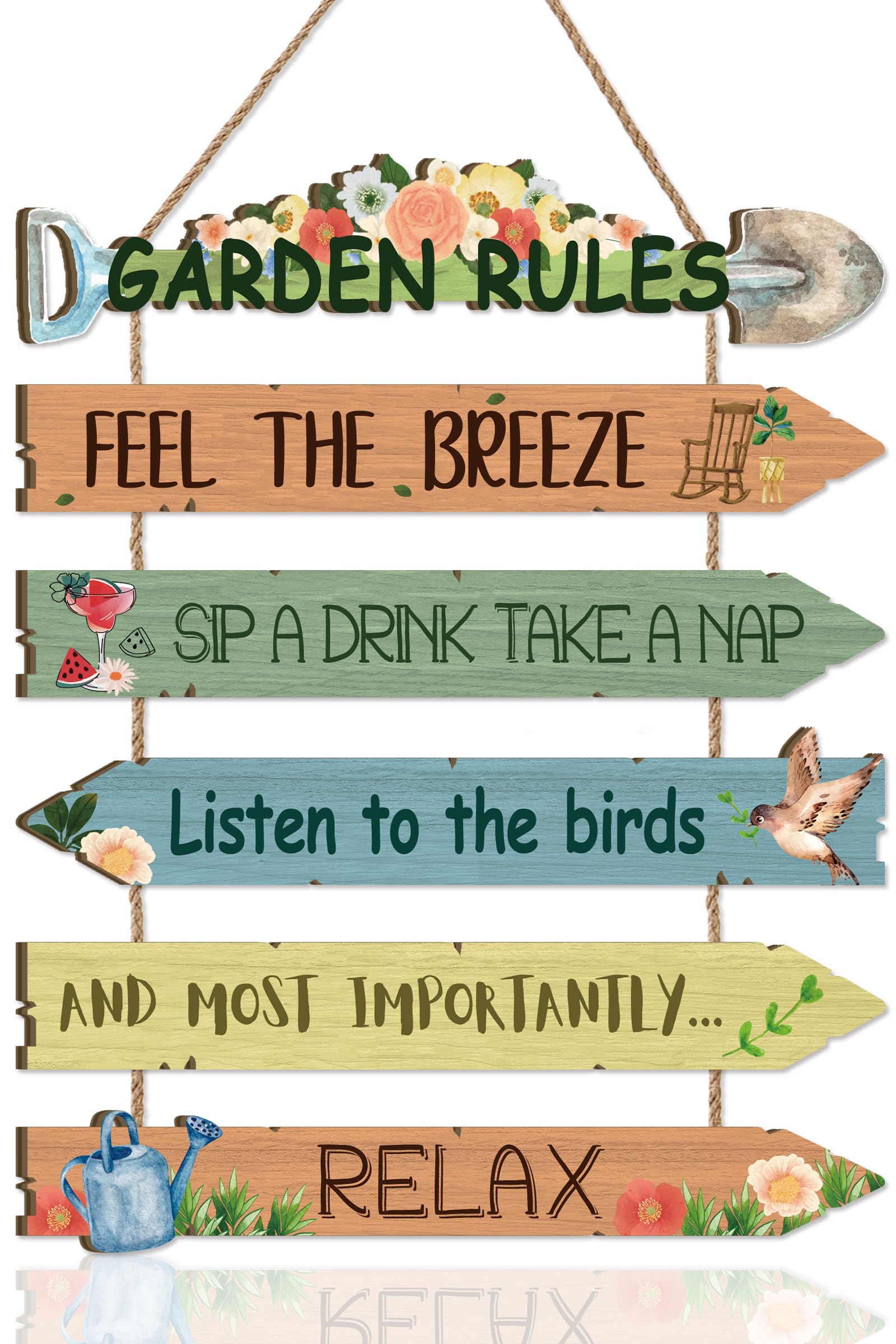 KAIRNE Garden Rules Wall Sign Flower Birds with Relaxing Quotes Feel The Breeze Outdoor Yard Rustic Hanging Wooden Plaque Garden Spring Welcome Sign Presents for Gardeners Women Home Art Decor