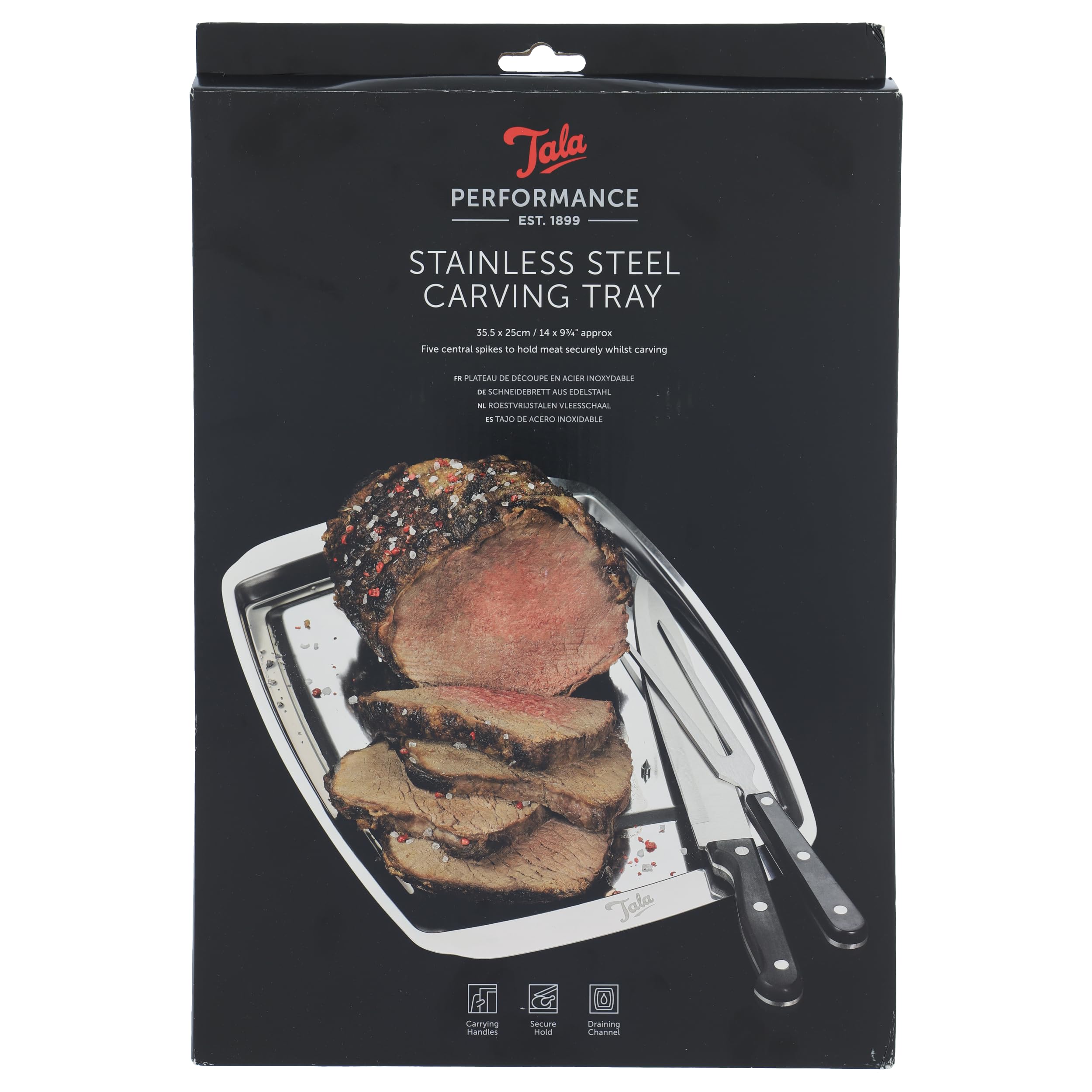 Tala Performance Stainless Steel Carving Tray, with 5 Spikes to Hold Meat Whilst Carving, 35.5cm x 25 cm