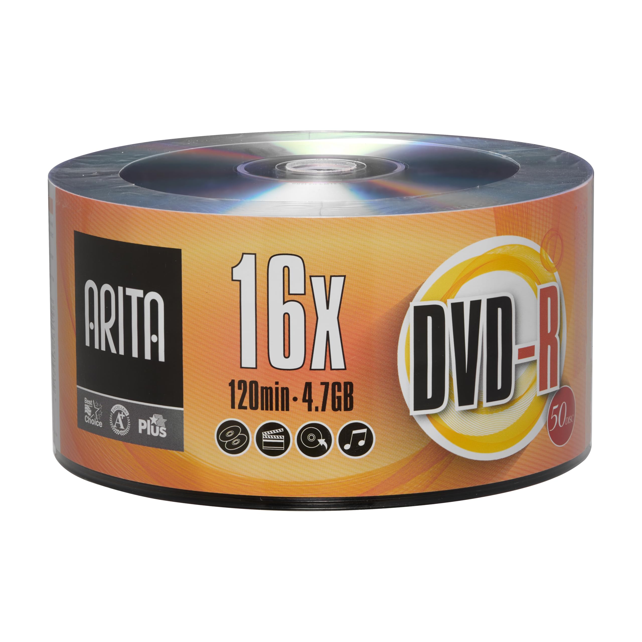 50 Pack Arita DVD-R 16X 4.7GB/120Min Branded Logo Top Write Once Blank Media Record Disc
