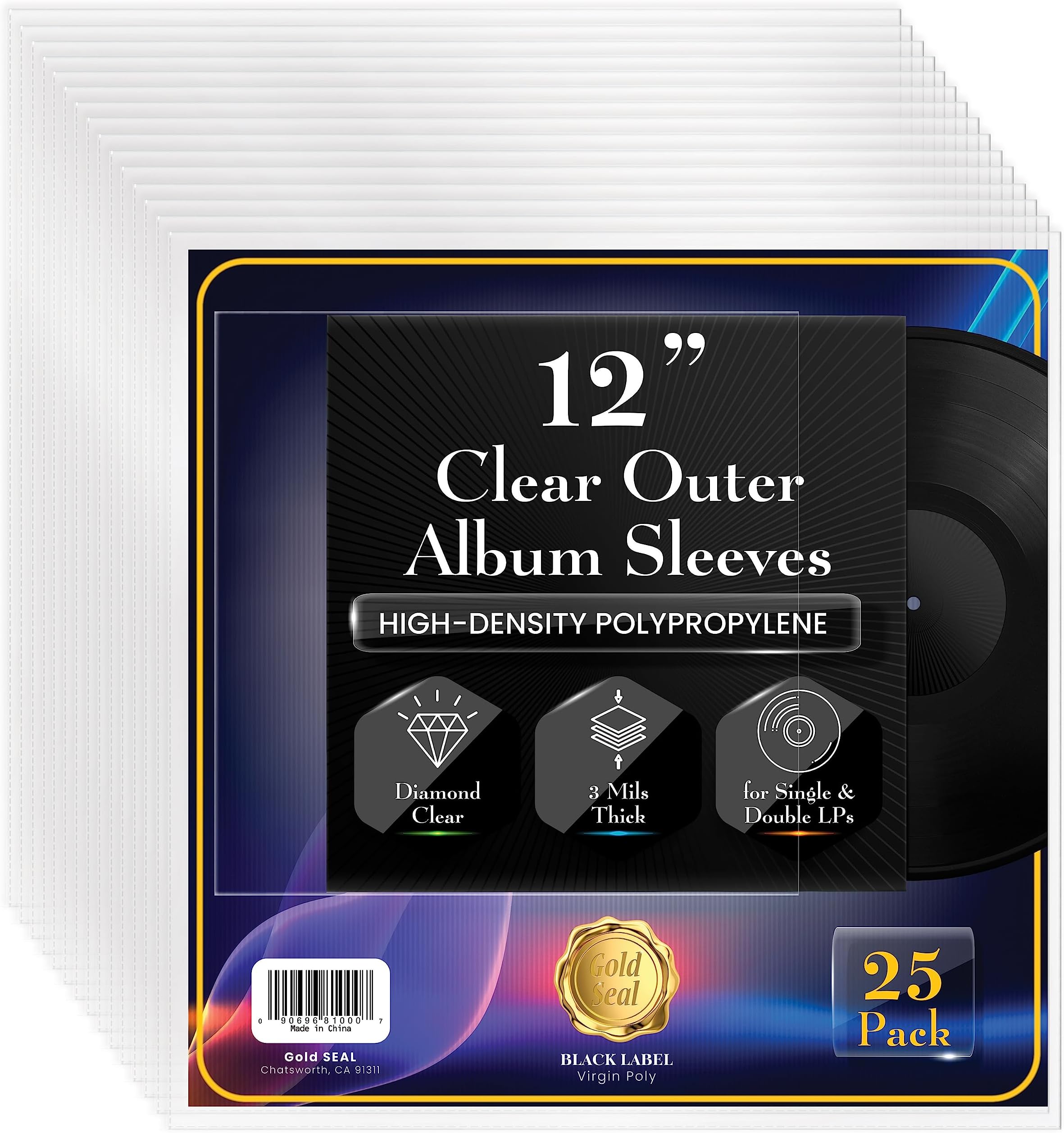 Gold Seal Vinyl Record Outer Sleeves for 12 LPs, 3 mils Thick, Premium Heavyweight Record Cover Protectors, High-Density Diamond Clear Polypropylene, 12.75 x 12.75, by (25 Pack)