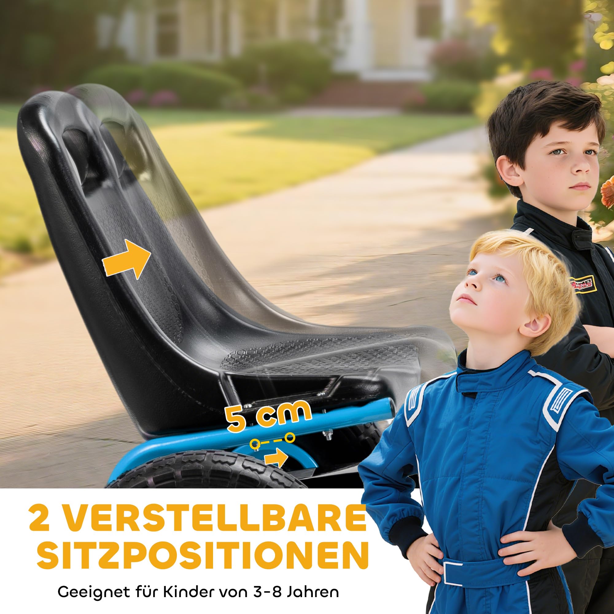 AIYAPLAY Gokart, Tretauto mit Handbremse, verstellbarem Sitz, Vor- und Rückwärtsgang, Pedalantrieb, Kinderfahrzeug mit Eva Reifen, manueller Kupplung, Tretfahrzeug für Kinder 3-8 Jahren, Blau