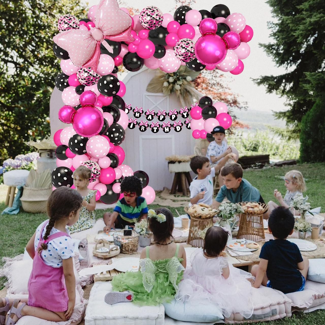 Pink Mouse Balloon Garland Arch Kit Birthday Party Supplies, Pink Black Balloons， Black Rose Red Bow Foil Balloons for Birthday Decorations and Baby Shower Party Supplies - Image 3