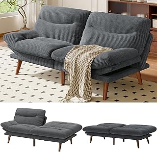 Amada 66" Convertible Futon Sofa Bed, Corduroy Folding Futon Set with Adjustable Backrest &Armrests, Recliner Lounge for Living Room, Apartment or Office, Solid Wood Frame, Loveseat Sofa - Grey | Corduroy