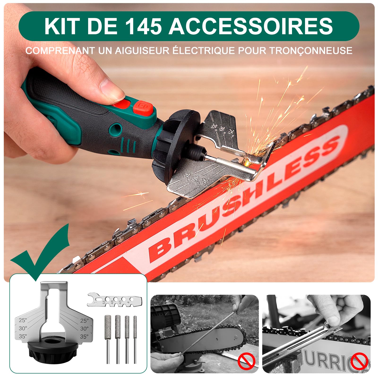 HYCHIKA Outil rotatif sans fil 8V 2,0Ah batterie, 5 vitesses max 30000 tr/min. Kit 145 accessoires avec affûteuse pour tronçonneuse et lampe LED. Pour ponçage, polissage, coupe, perçage, gravure DIY