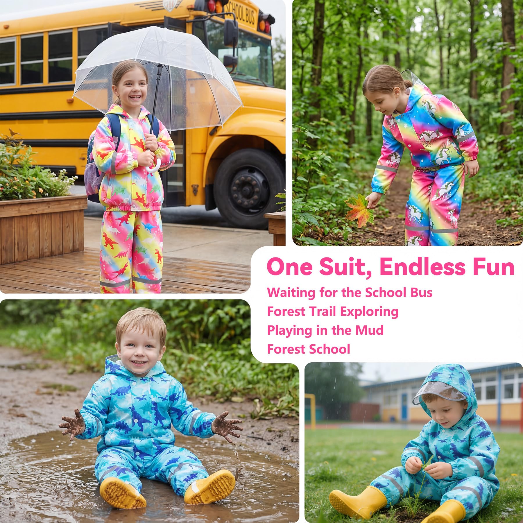 Chubasquero Impermeable Niño Niña Chaqueta Lluvia & Pantalones Traje con Capucha y Reflectante Animal Estampado Impermeable Traje de Lluvia Conjunto Ligero Abrigos para Infantiles 1-7 años