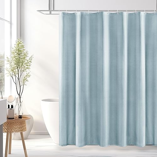 BBiggood Cortina de ducha azul niebla, cortina de ducha de tejido gofre para juego de baño con ganchos, decoración impermeable de lujo estilo spa de