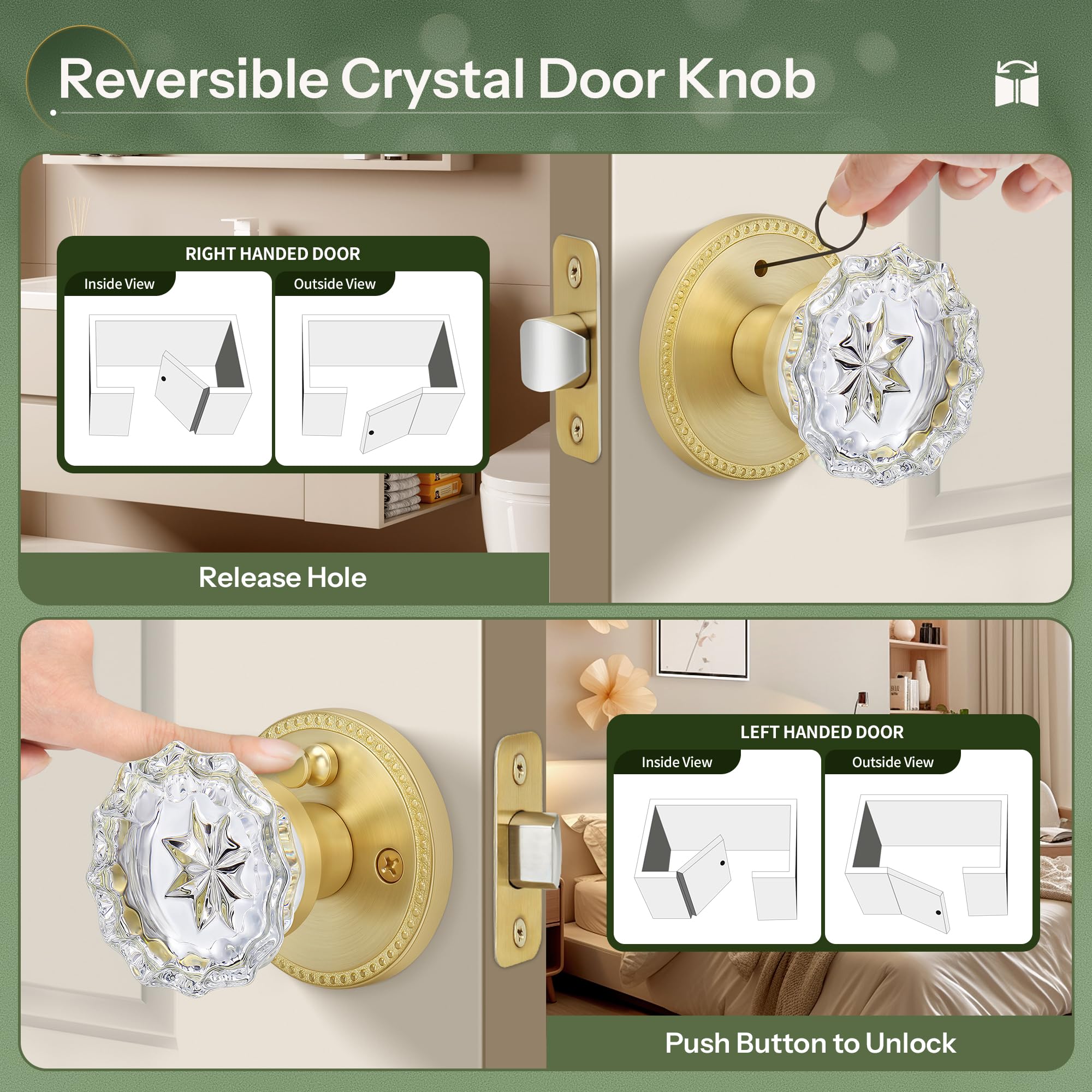 Moquin Modern Gold Interior Crystal Door Knob With Lock (No Key), Privacy Glass Door Knob Plum Style For Bathroom, Bedroom Or Closet, Satin Brass