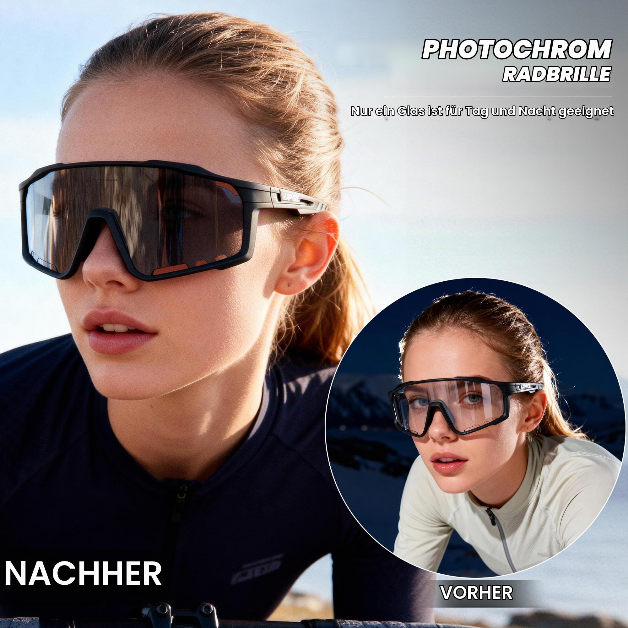 KAPVOE Selbsttönende Fahrradbrille UV400 TR90 Herren Damen K76