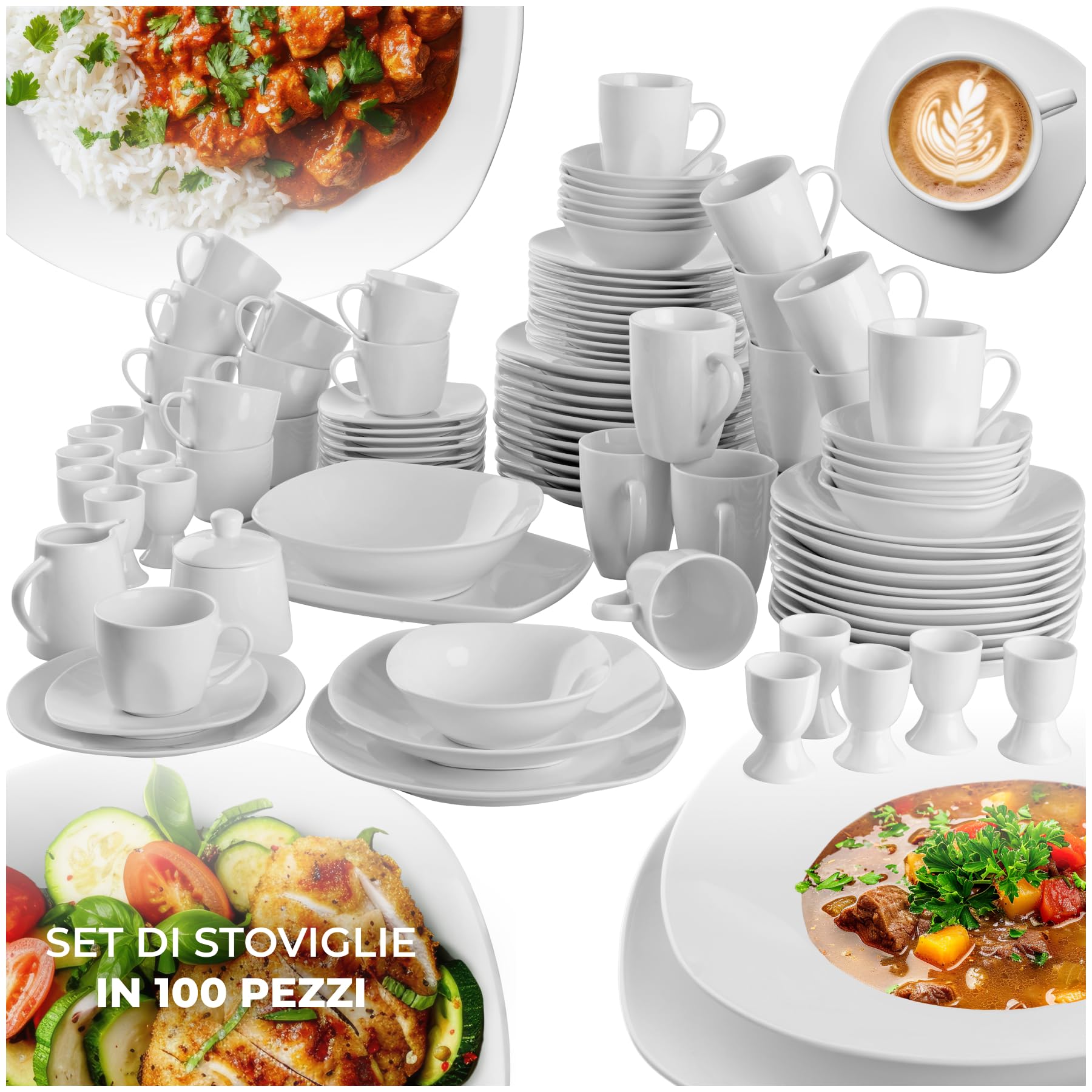 tectake® Set di Stoviglie da 100 Pezzi per 12 Persone, Piatti e Ciotole con Bordi Arrotondati, Porcellana Resistente ai Graffi, Adatto a Lavastoviglie e Microonde, Impilabile, Salvaspazio - Bianco