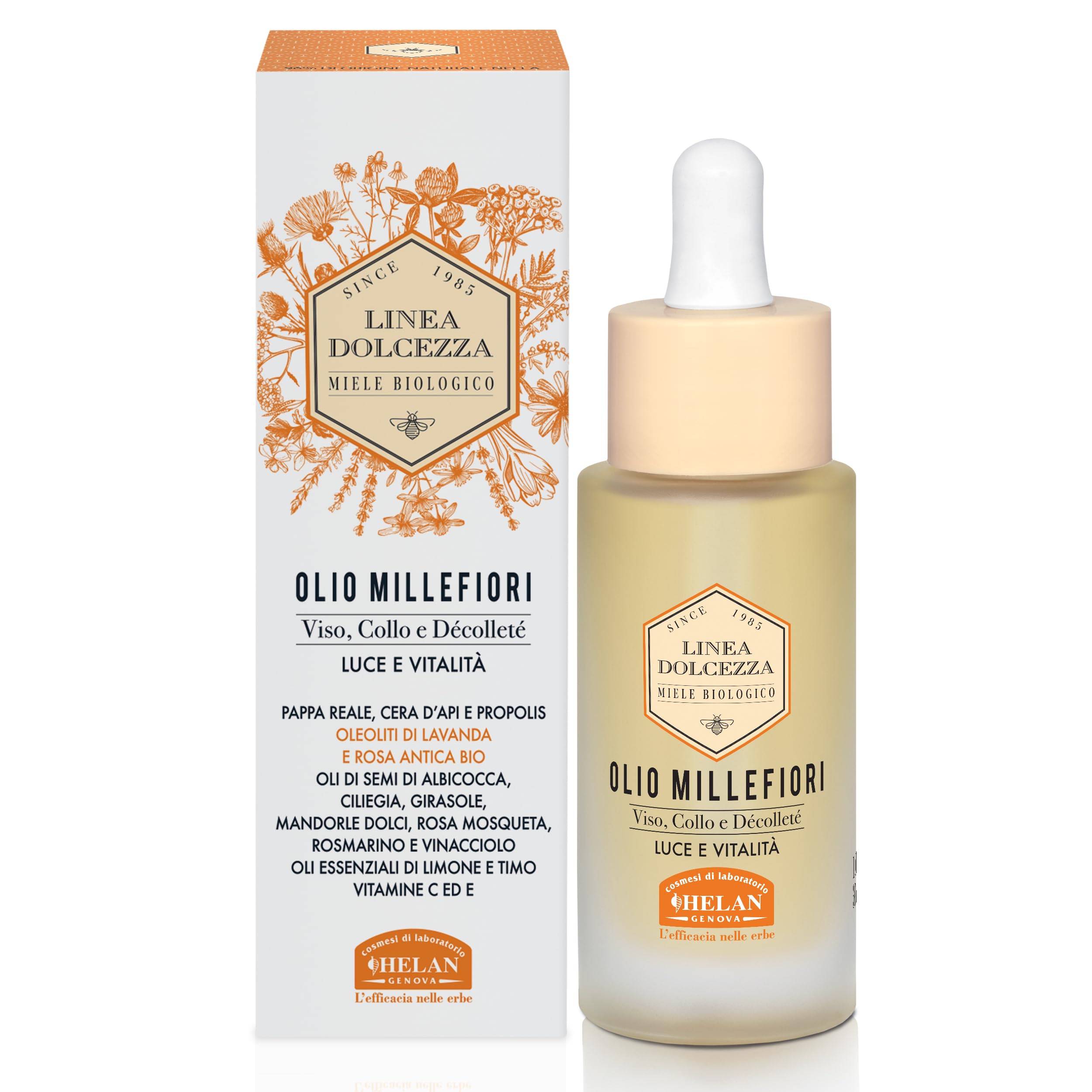 Helan Linea Dolcezza – Bio Oil for Face, Neck and Chest Millefiori, Moisturising and Anti Ageing, with Beeswax and Propolis, Fast Absorbing Dry Oil - Face Skincare, Made in Italy, 30 ml