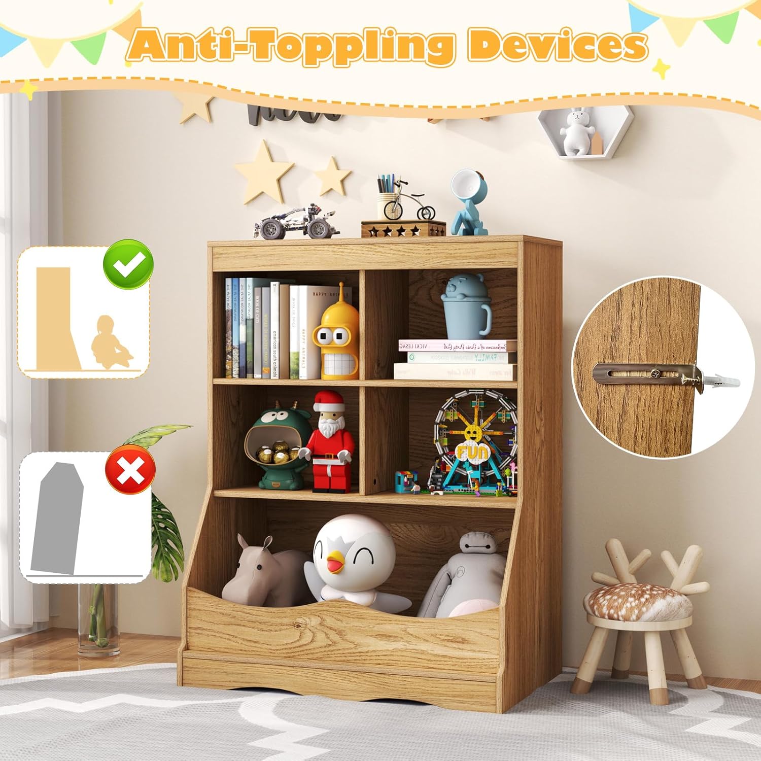 LDAILY Kids Bookshelf, Kids Bedroom Furniture with 4 Cubes, 1 Open Compartment, Nursery Bookcase with Anti-Tipping Device and Tabletop, Toddler Toy Storage Organizer for Playroom, Bedroom (Natural)