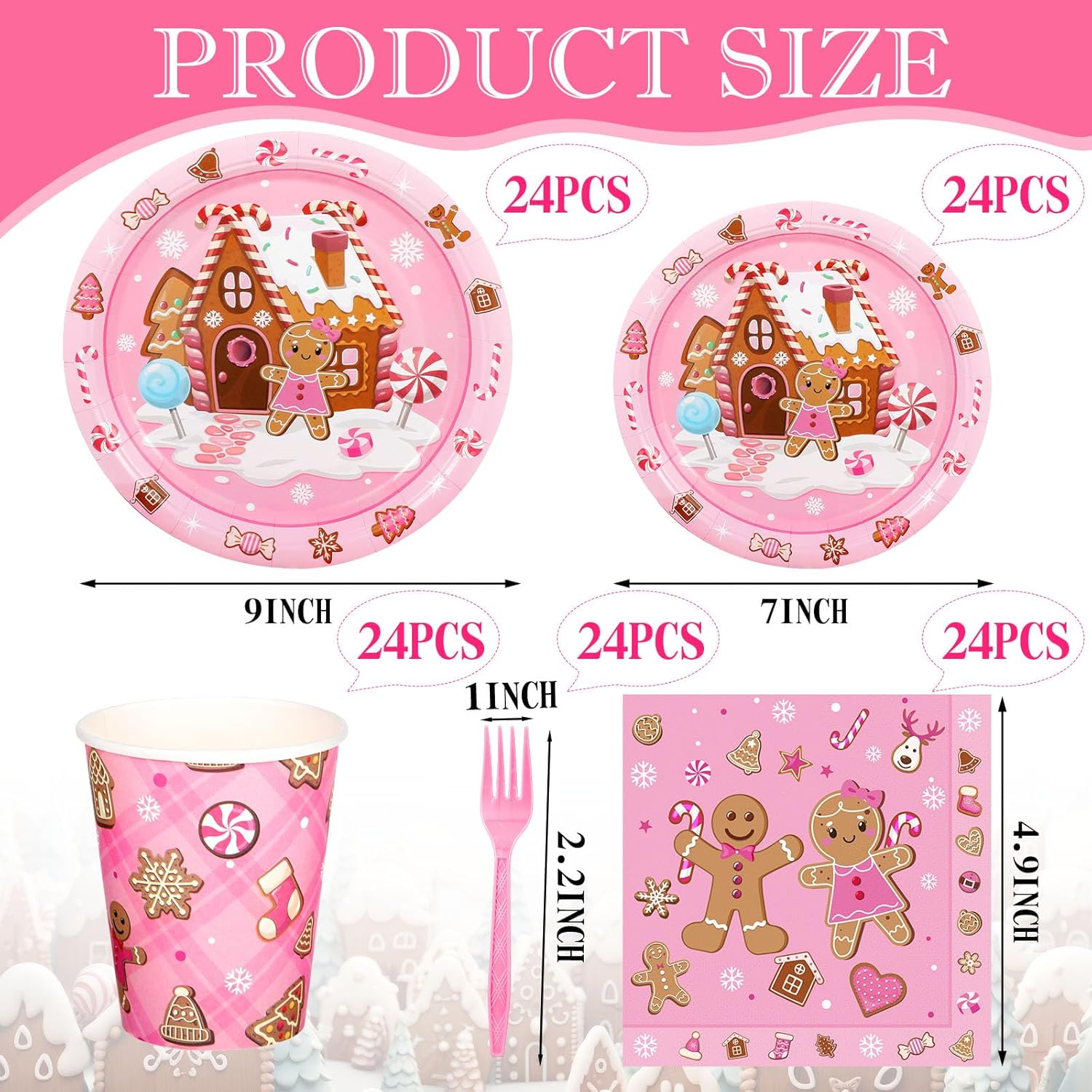 Zubebe 120 Pcs Pink Christmas Gingerbread Man Party Supplies Decorations Disposable Tableware Paper Plates Napkin Cups Dinnerware for Gingerbread House Candy Birthday Decorations, Serves 24 Guests