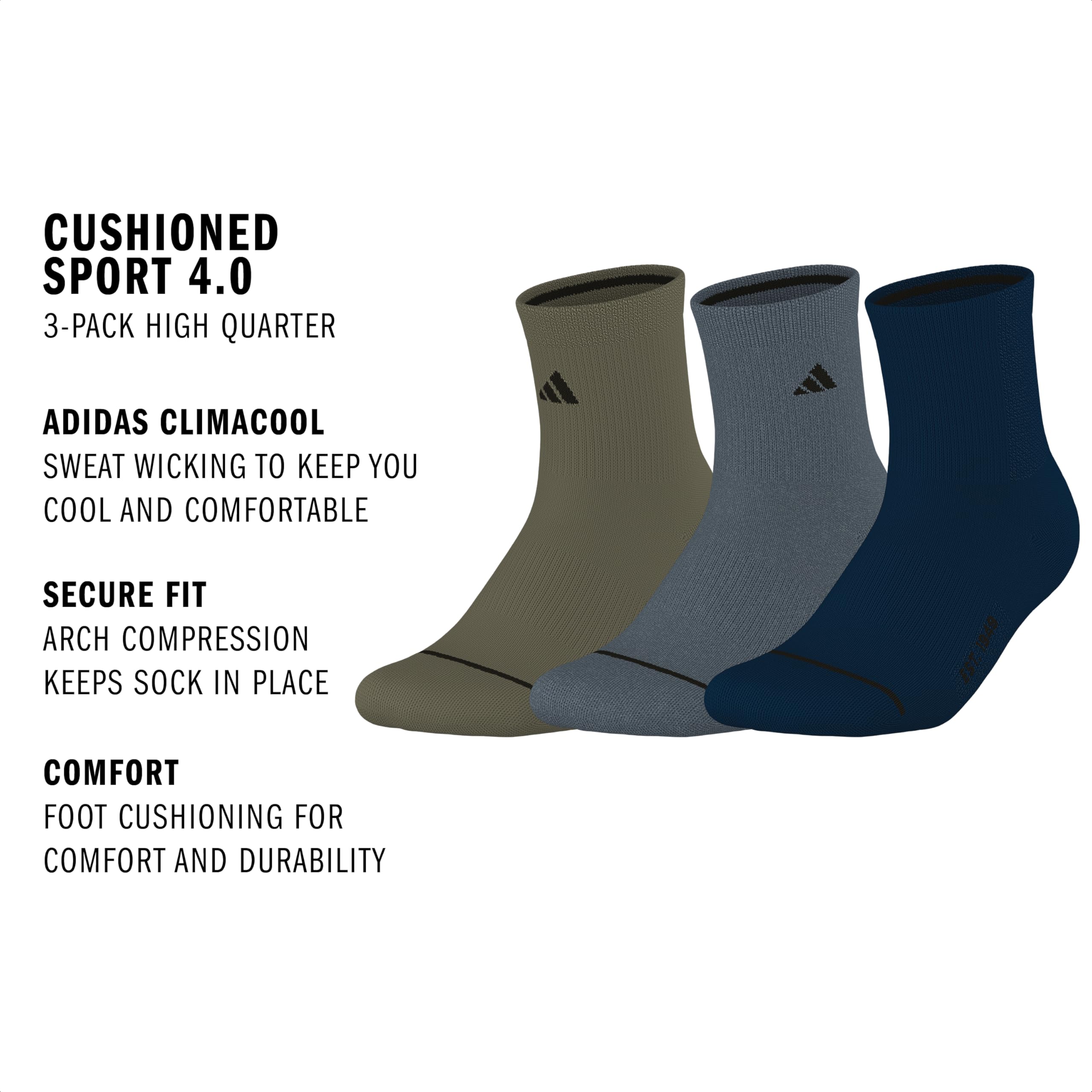 Adidas Męskie skarpety męskie Cushioned Sport 4.0, 3-pak, High Quarter, oliwkowe (Strata Green/Onix Grey/Dark Blue), L (3 sztuki)