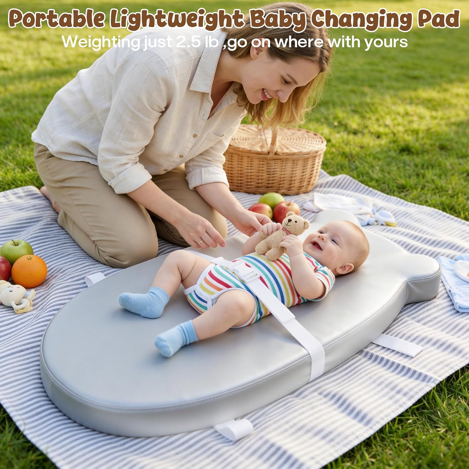 Baby Diaper Changing Pad with Wipeable & Waterproof PU Cover, Contoured Baby Changing Pad for Dresser, Non-Slip Changing Table Pad with Adjustable Strap, Cushioned Contoured Foam Grey