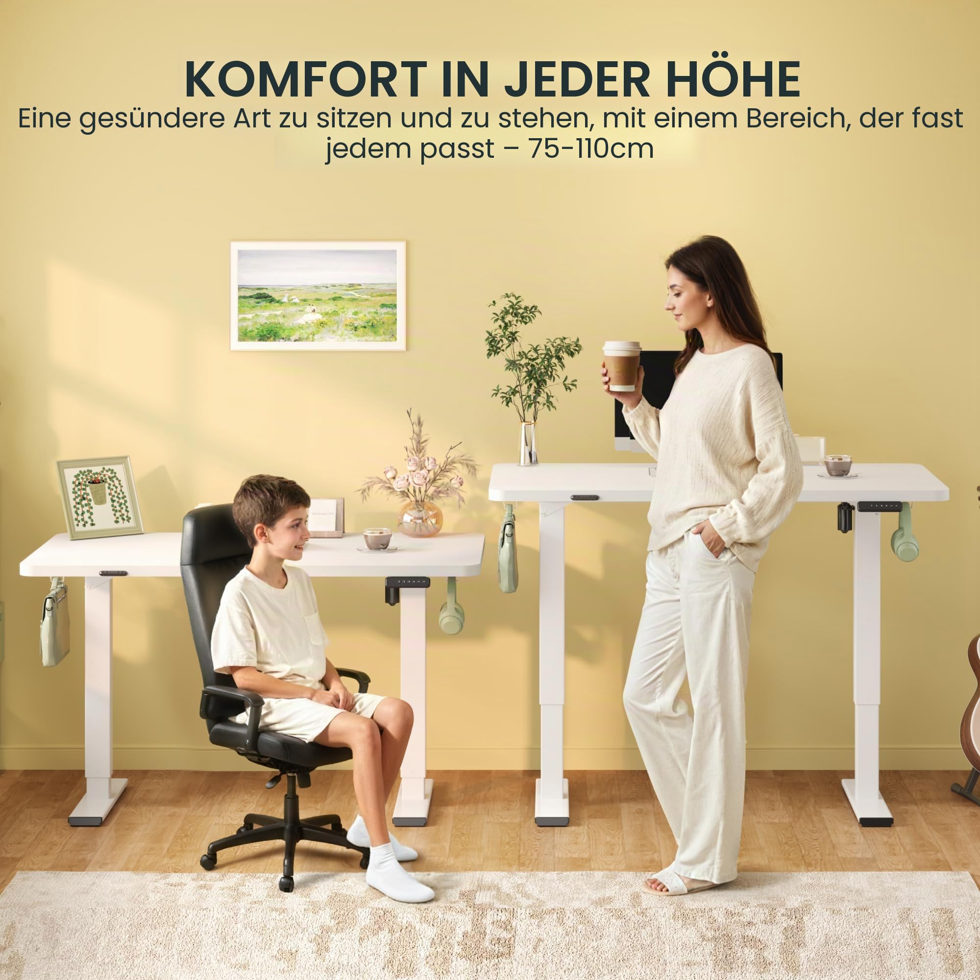 FlexiSpot Höhenverstellbarer Schreibtisch Basic 120x60cm Weiß Kabelmanagement Haken EINTEILIGER Tischplatte Ergonomischer Bürotisch