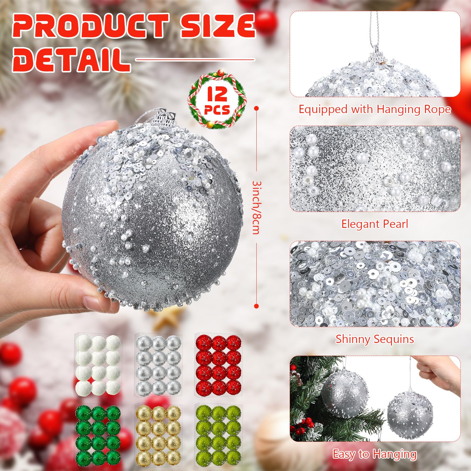 Vercraft Juego de 12 bolas de Navidad de 3 pulgadas, bolas de lentejuelas con purpurina, bolas de árbol de Navidad, inastillables, decorativas, juego de bolas colgantes de Navidad para decoración