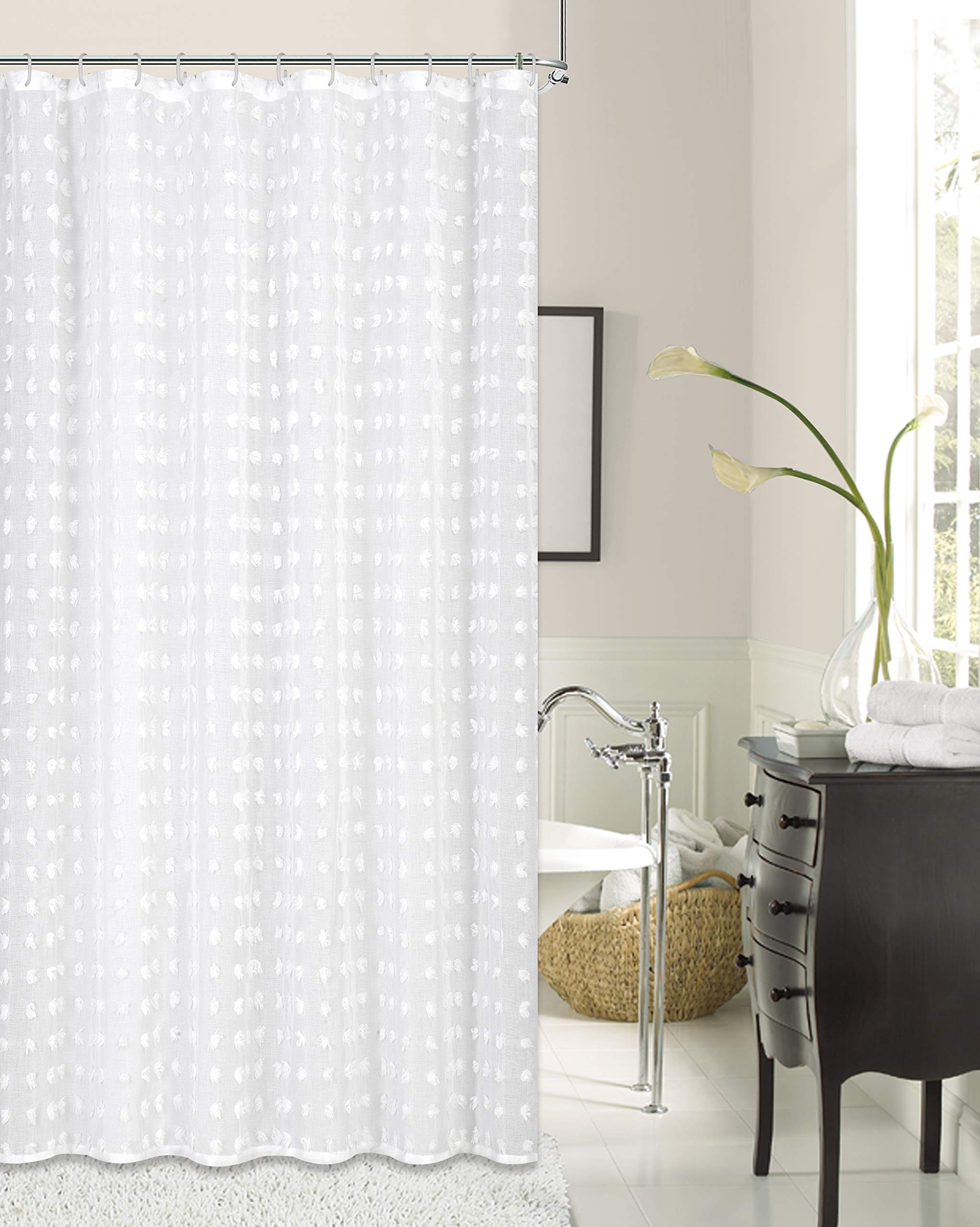Linen Shower Curtain Waterproof & Machine Washable 3D Linen Floral Puff Cotton White Shower Curtain Bathroom Curtain Shower Curtain Set for Bathrooms 70 X 72 Inch Long Shower Curtains in White