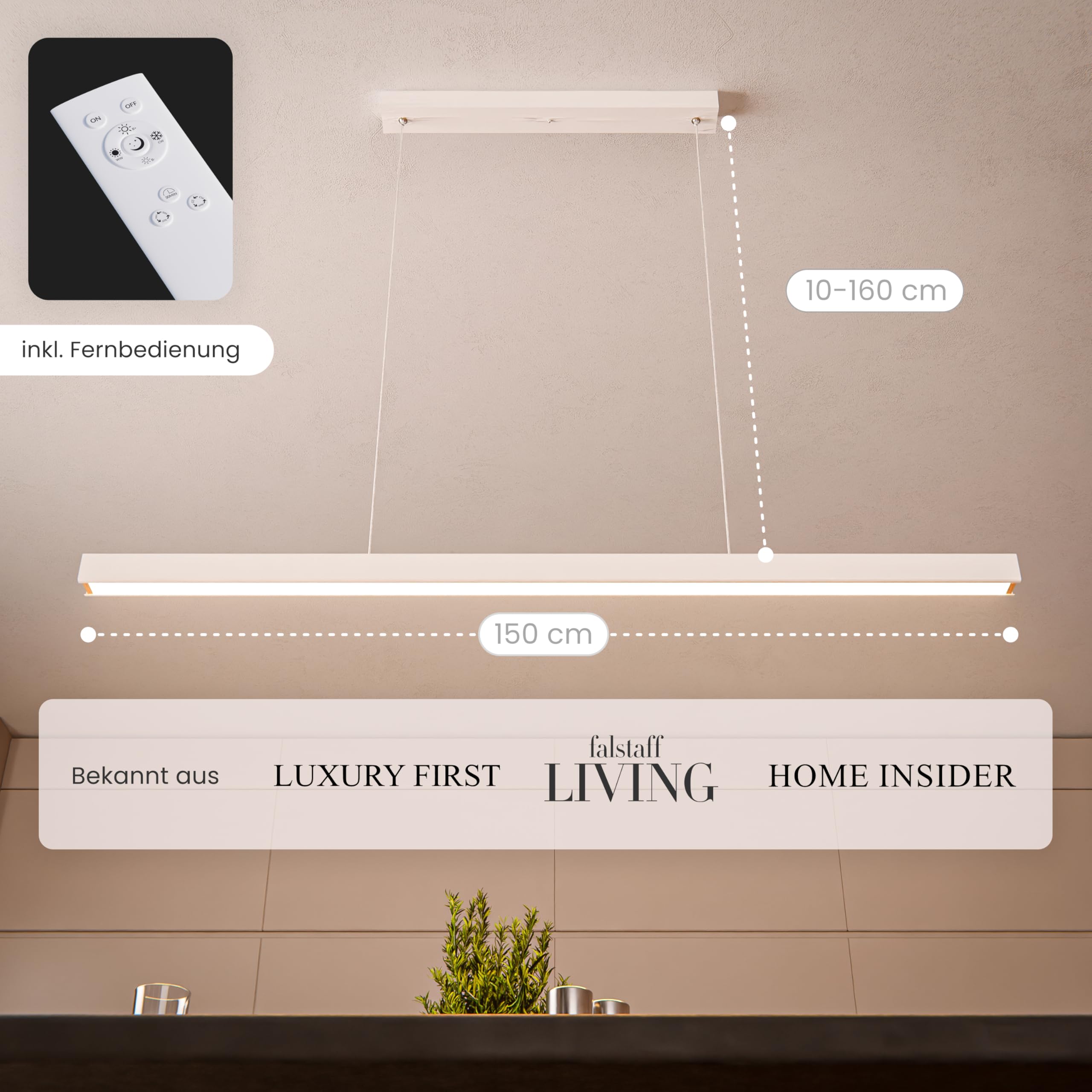 MATO LED Pendelleuchte Esstisch Höhenverstellbar Weiß - Lichtfarbe stufenlos einstellbar & dimmbar per Fernbedienung - 150cm Länge - Esstischlampe hängend, Esszimmerlampe, Hängelampe Esszimmer