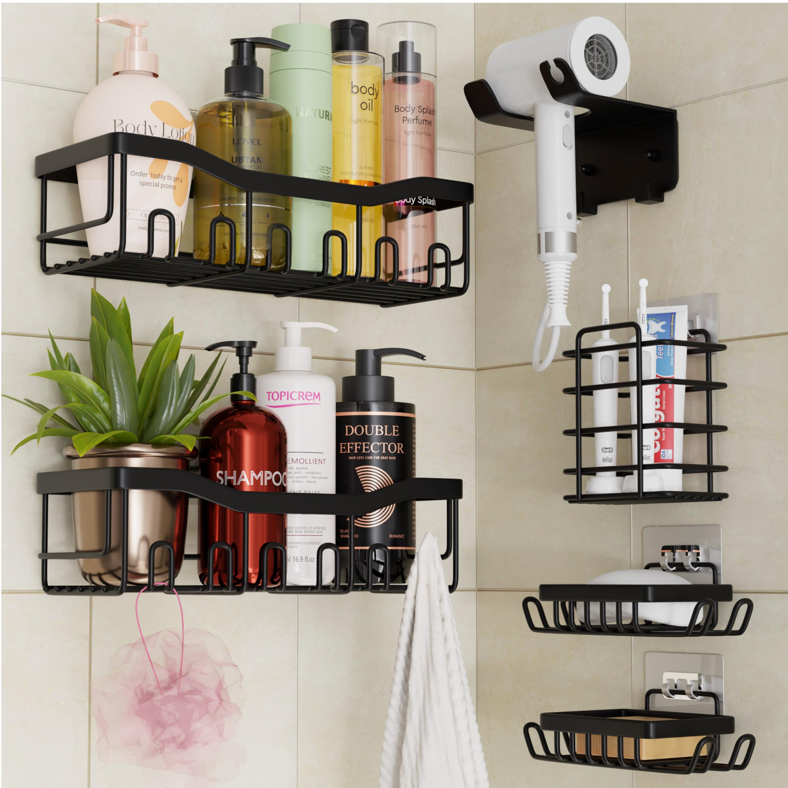 Adhesive Shower Caddy 6-Pack - 2 Shampoo Holders 2 Soap Dishes Toothbrush Hair Dryer Holders No-Drill Stainless Steel