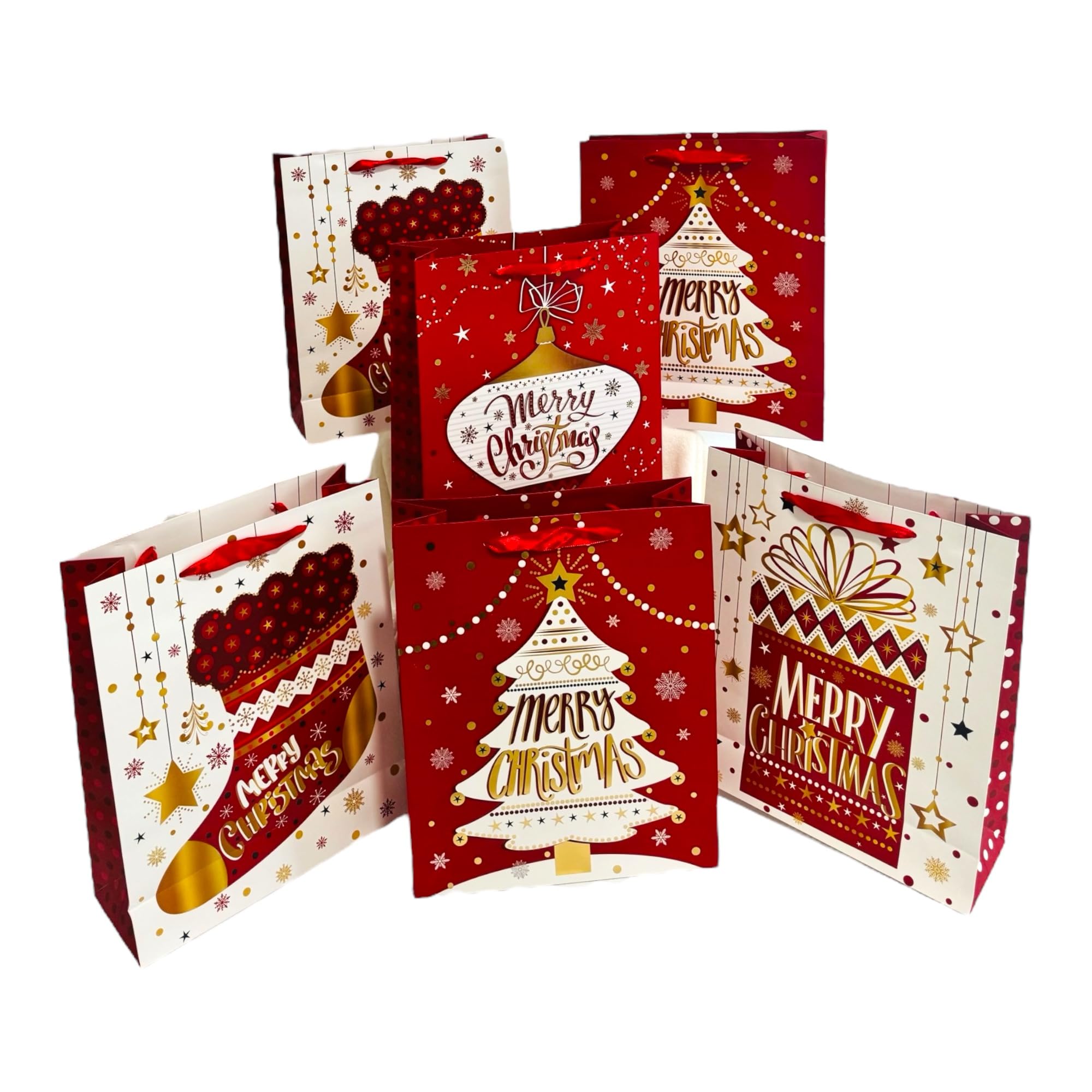 Doodle Kiddo Christmas Gift Bags, Set Of 6 – Red & Gold Xmas Gift Bags for Kids – Christmas Goody Bags with Merry Christmas Prints for Christmas Gift Wrapping Decorations – Christmas Party Favor Bags