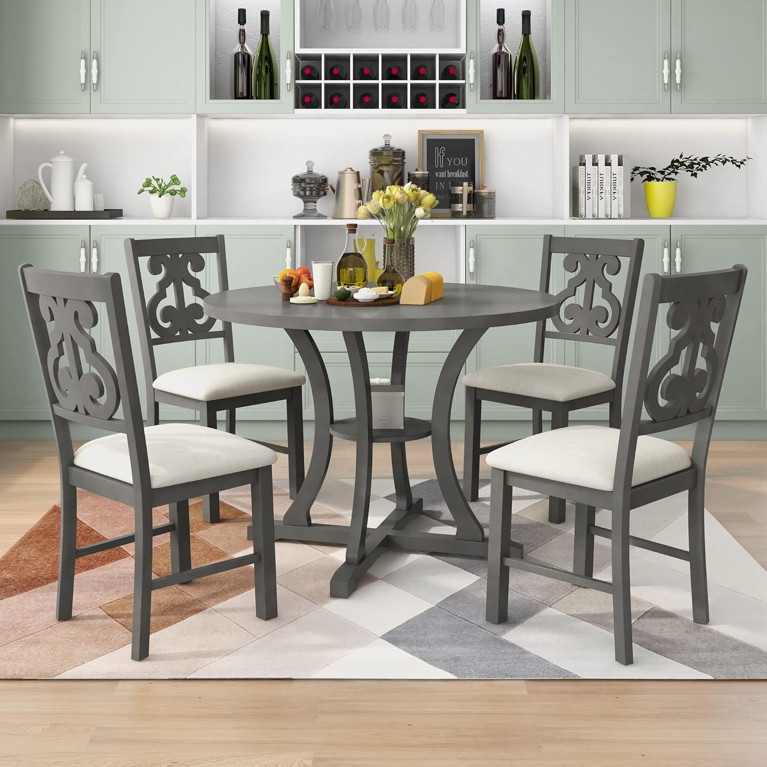 Merax 5 Piece Farmhouse Dining Table Set with Storage Shelf and Special-Shaped Legs, Round Table and 4 Hollow Chair Back, Dark Brown,Viridian