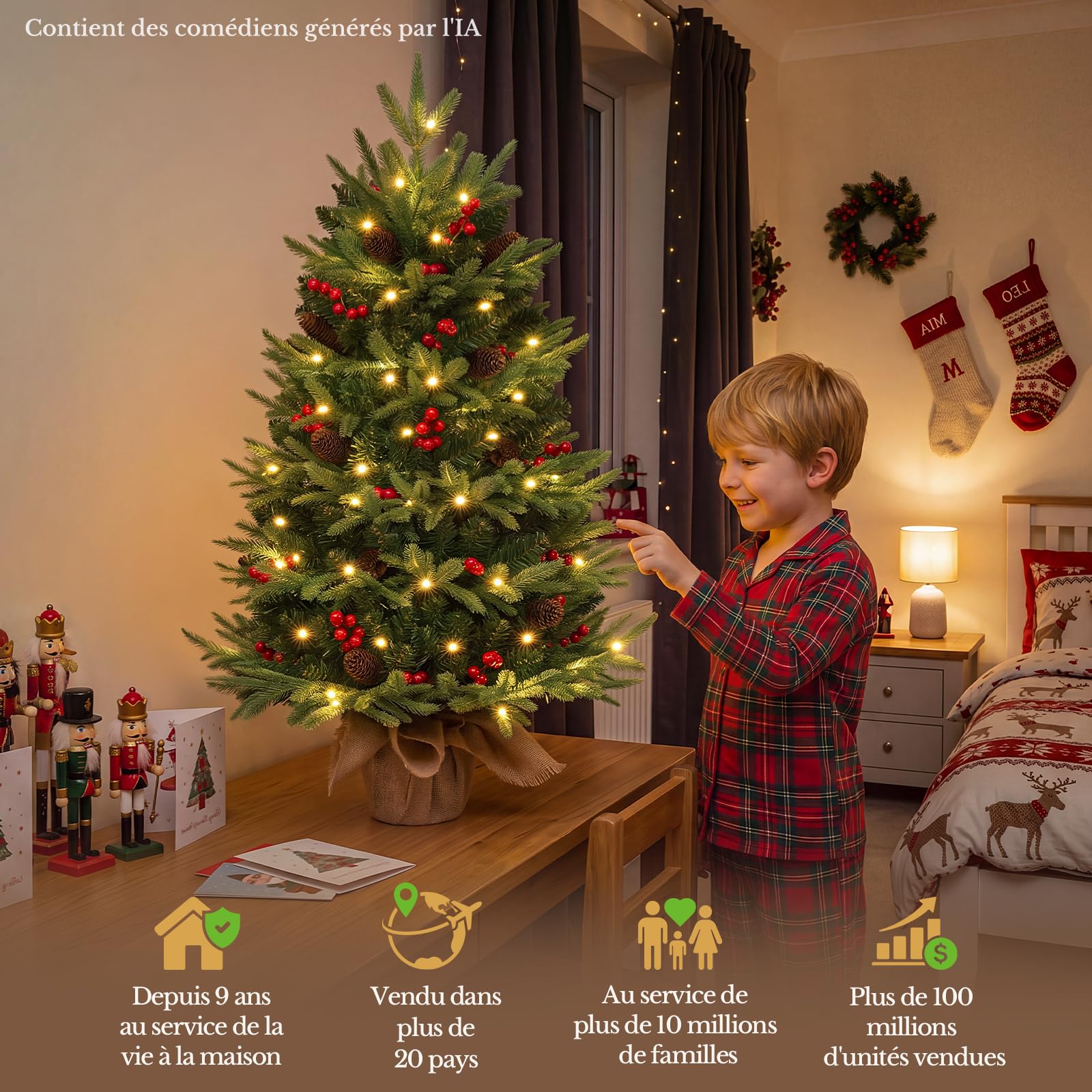 HOKEEPER Sapin de Noël artificiel de 90 cm avec LED et décoration | Sapin, aiguilles vertes en PVC, mini sapin de Noël, pommes de pin et baies, entièrement décoré