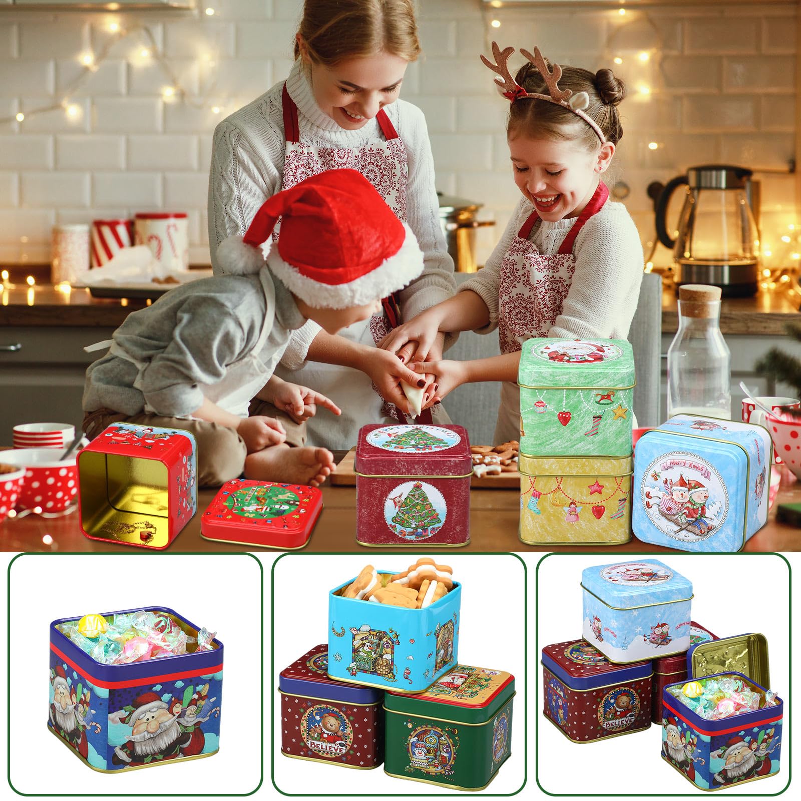 Uiifan 12 barattoli per biscotti natalizi con coperchio, grande capacità, retrò, per caramelle, lattine in latta quadrate di Natale, scatole vuote per biscotti per conservare biscotti, forniture