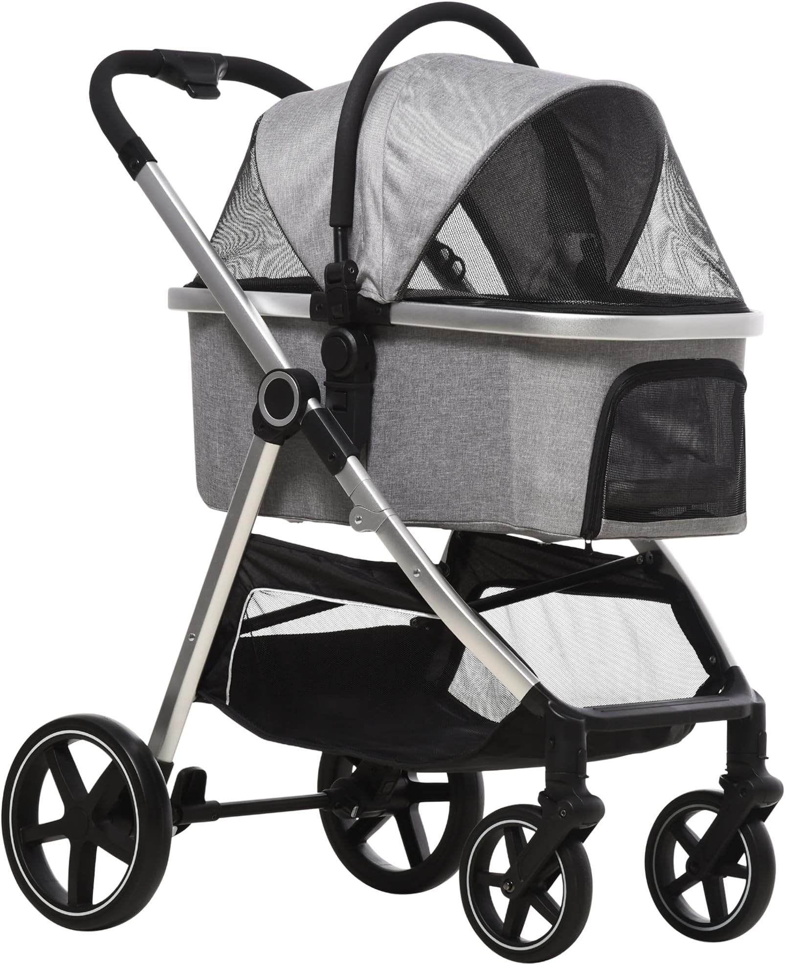 PawHut 3 in 1 One-Click Foldable Pet Stroller, Detachable Dog Cat Travel Pushchair, Car Seat w/EVA Wheels, Basket, Adjustable Canopy, Safety Leash, Cushion, for Small Pets - Grey