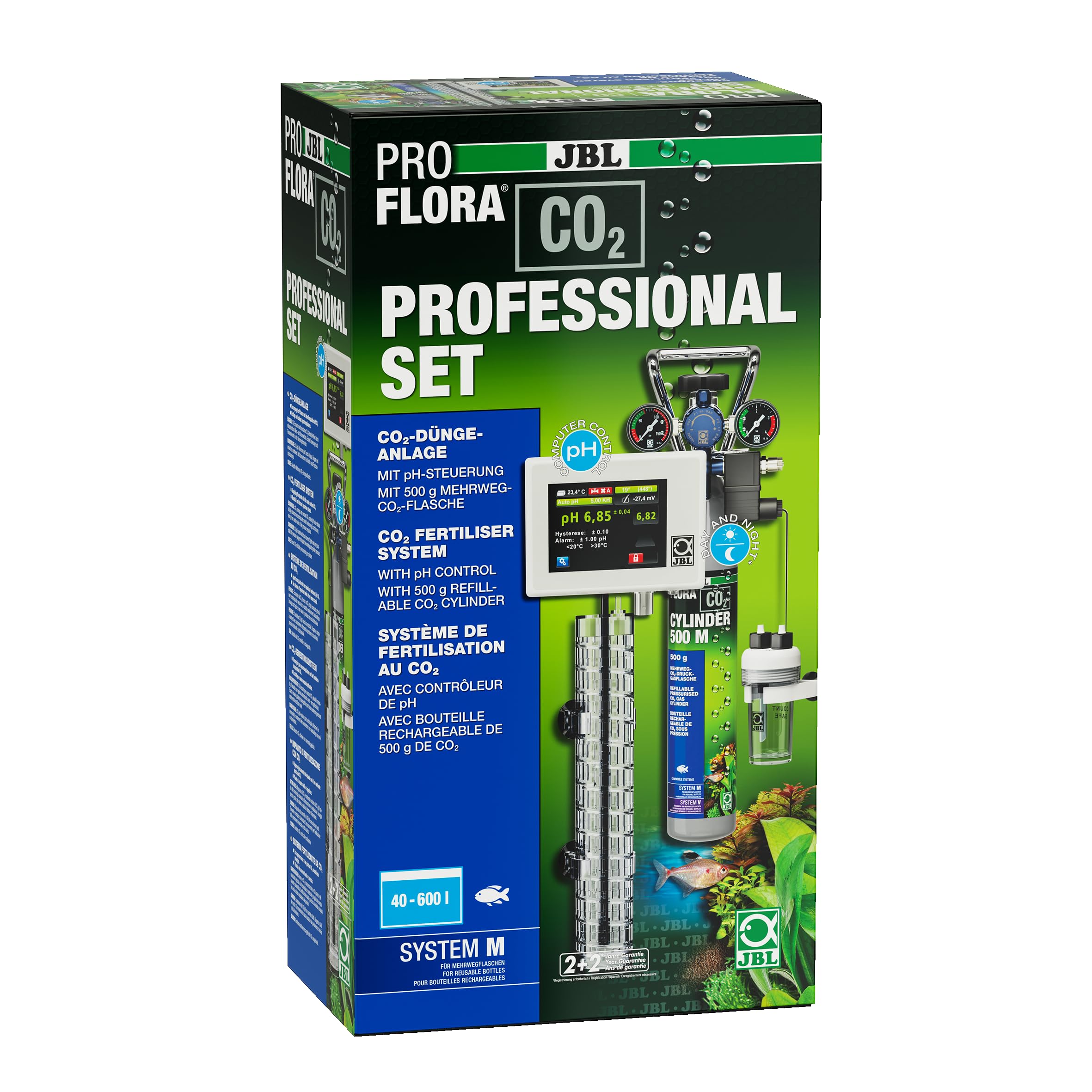 JBL PROFLORA CO2 Professional Set M - Juego Completo de Fertilizante de CO2 para 40-600 l, con Control automático de CO2 y pH, Botella Reutilizable y Accesorios