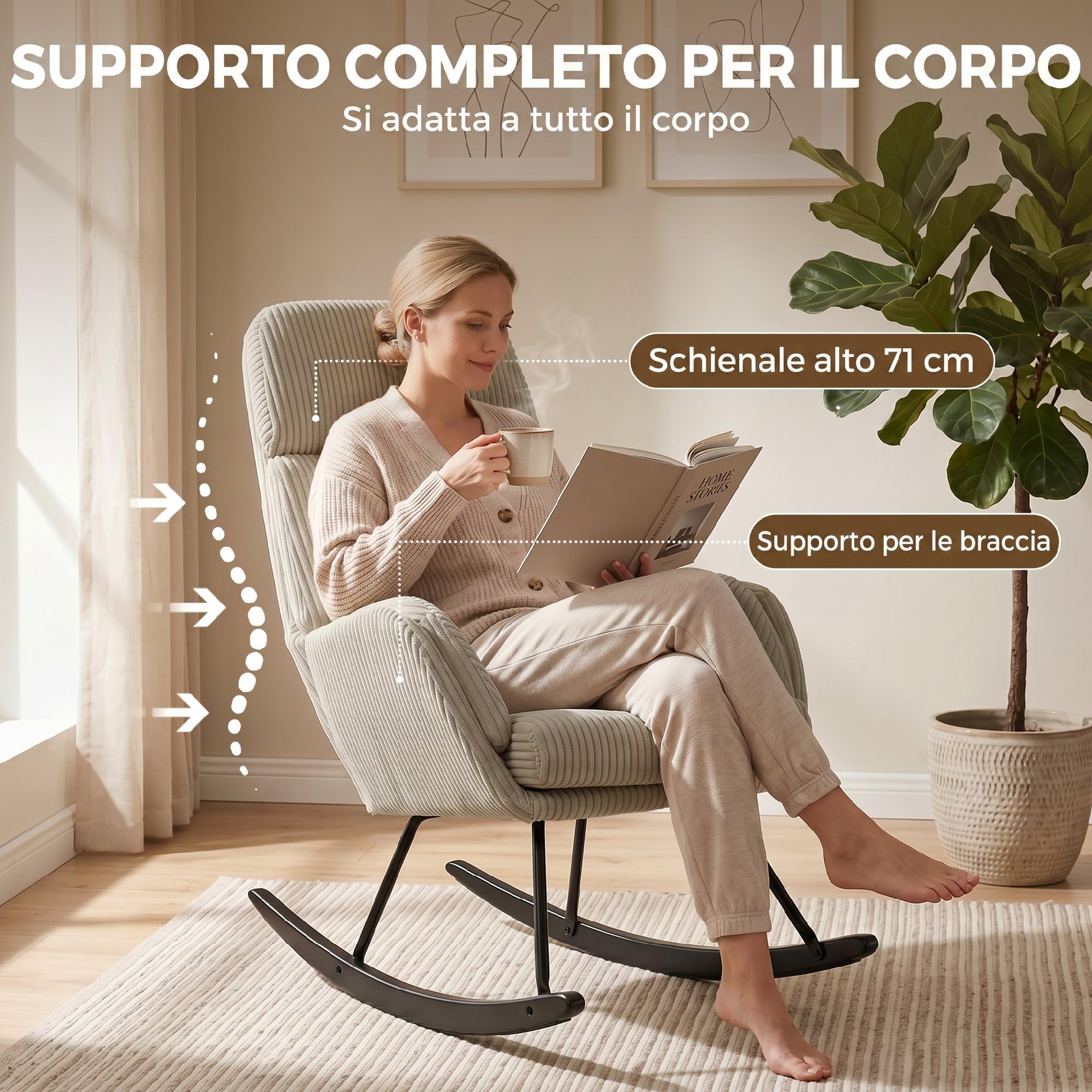 HOMCOM Sedia a Dondolo in Velluto a Coste con Schienale Alto, Beige