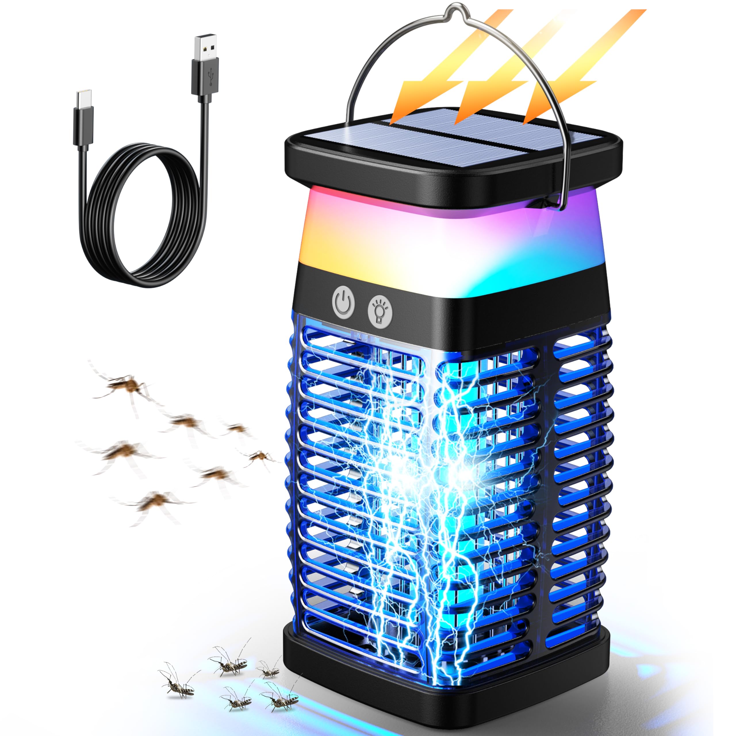 Bug Zapper Outdoor Indoor Mosquito Zapper Solar Fly Zapper Rechargeable Electric IP69 Waterproof Plug in with RGB Light & Reading Lamp for Patio Camping Home Backyard