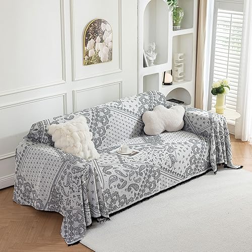 Miniatura 25 de ROOMLIFE Funda de sofá gruesa a rayas con borlas, manta de funda de sofá de felpilla azul para sofá seccional, fundas de sofá suaves para sofá