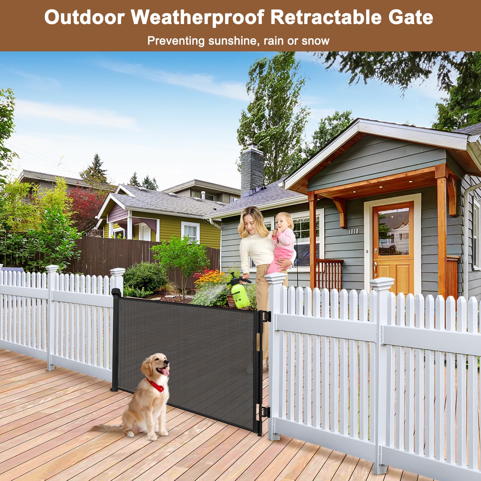Condition photo showing New/Like New for weatherproof outdoor retractable gate for dogs with no rust stainless steel screws and rods, 55" wide waterproof retractable baby gates, scratch-resistant mesh safety outdoor pet gate for deck, black