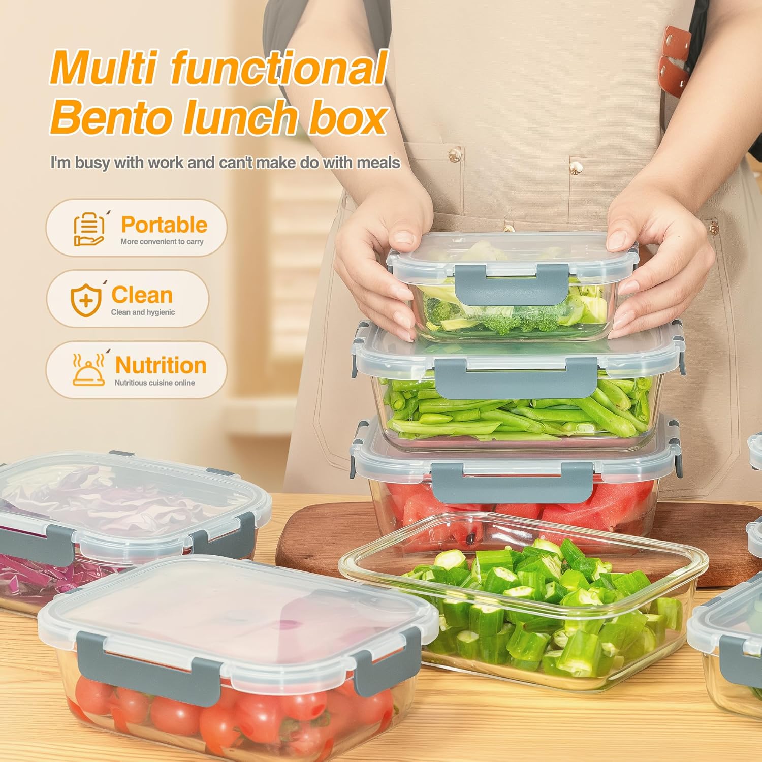 5 PACK 36 oz Glass Meal Prep Containers, Glass Food Containers with Snap-Lock Lids, Airtight Lunch Containers, Microwave, Oven, Refrigerator and Dishwasher Safe,Gray - Image 5