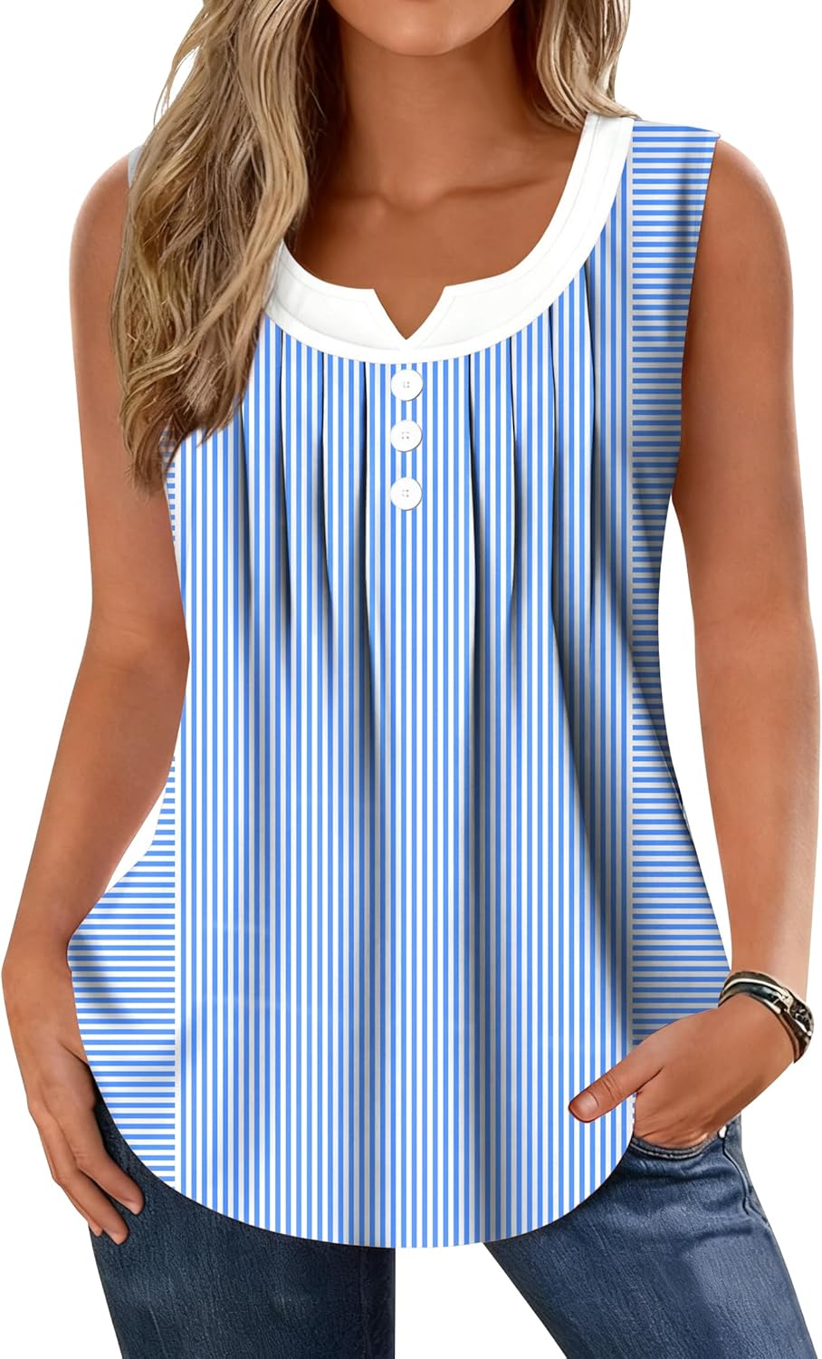 Summer Tops for Women 2026 Trendy Pleated Front Striped Tank Top Curved Hem Flowy Sleeveless Shirts