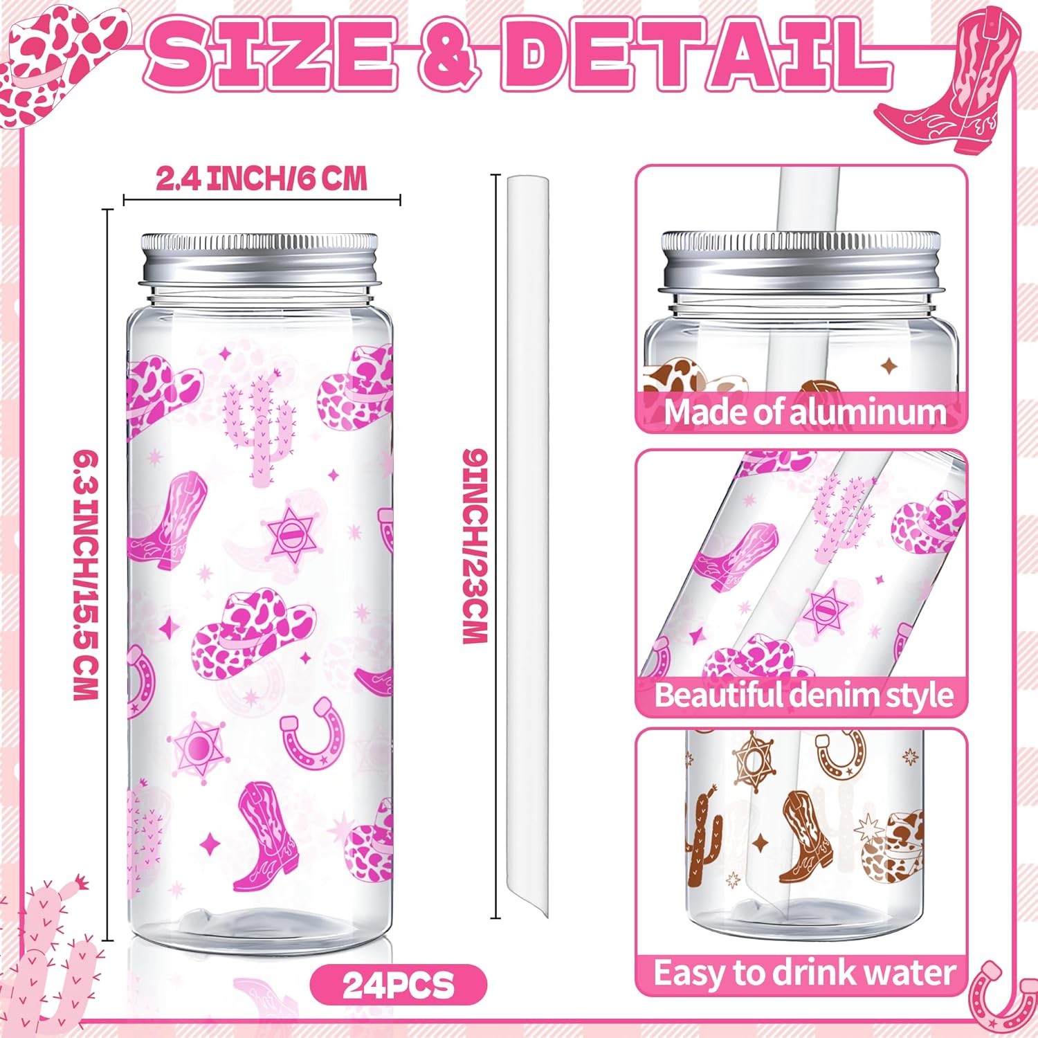 24 Pcs Western Cowgirl Cowboy Plastic Tumbler 14.2 OZ Pink and Brown Reusable Cups with Lids and Straws Beer Can Iced Coffee Cup for Preppy Western Disco Cowgirl Birthday Party Gift - Image 2