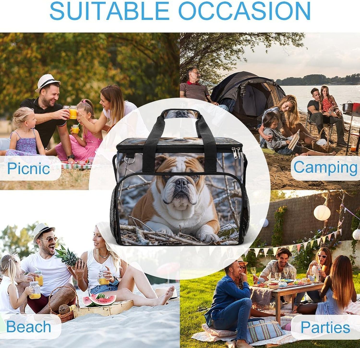 Insulated Picnic Backpack Tote Bag, Large Capacity 30L English Bulldogs Cooler Bag Leakproof Beach Bags Portable Lunch Box Waterproof Picnic Basket for Beach Camping BBQ