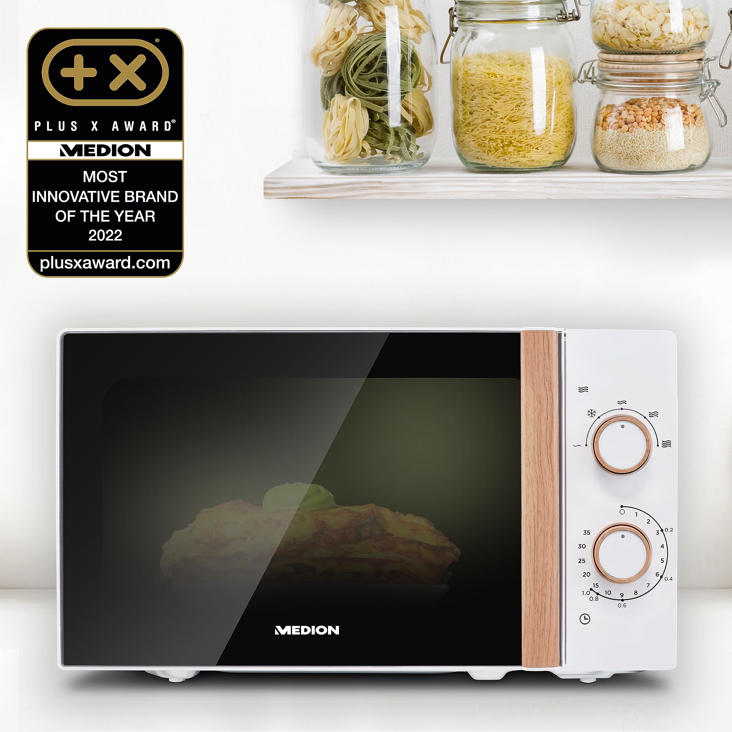 MEDION Micro-ondes (aspect bois, 20 litres, 700 watts, porte miroir, 5 niveaux de puissance, fonction décongélation, minuterie, MD10596) blanc