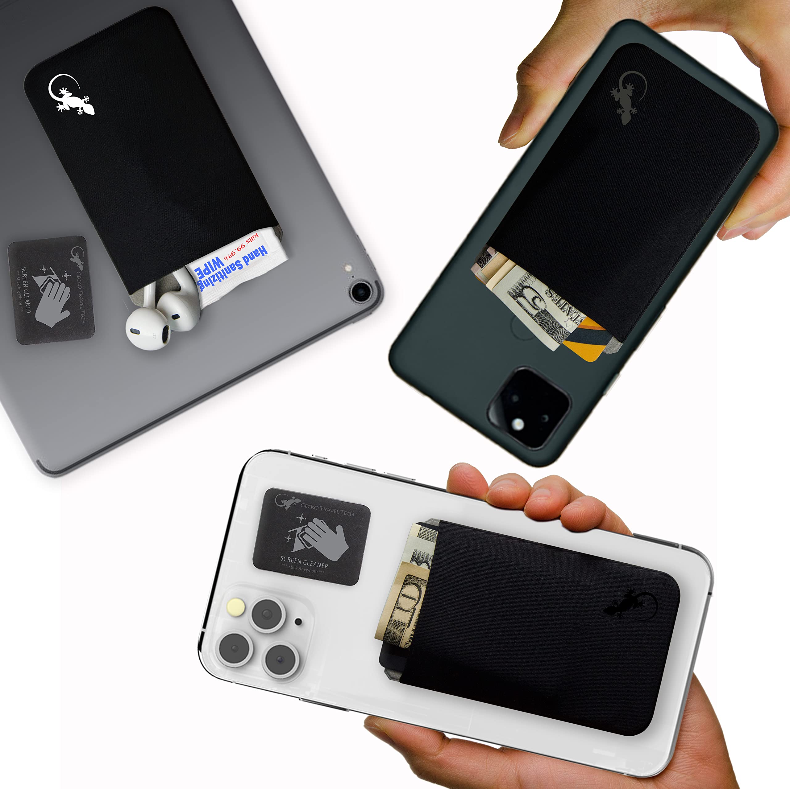 Phone Wallet - Adhesive Card Holder - Cell Phone Pouch - Stick on Lycra Pocket by Gecko - Carry Credit Cards and Cash